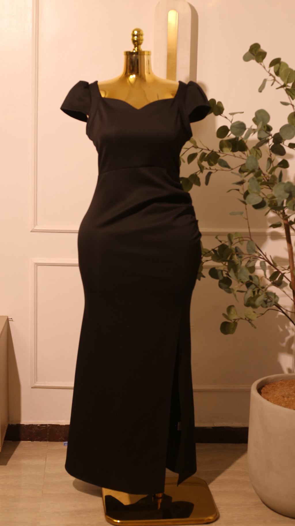 Black, Off-The-Shoulder, Fitted Maxi Dress With A Front Slit