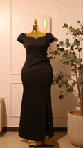 Black, Off-The-Shoulder, Fitted Maxi Dress With A Front Slit
