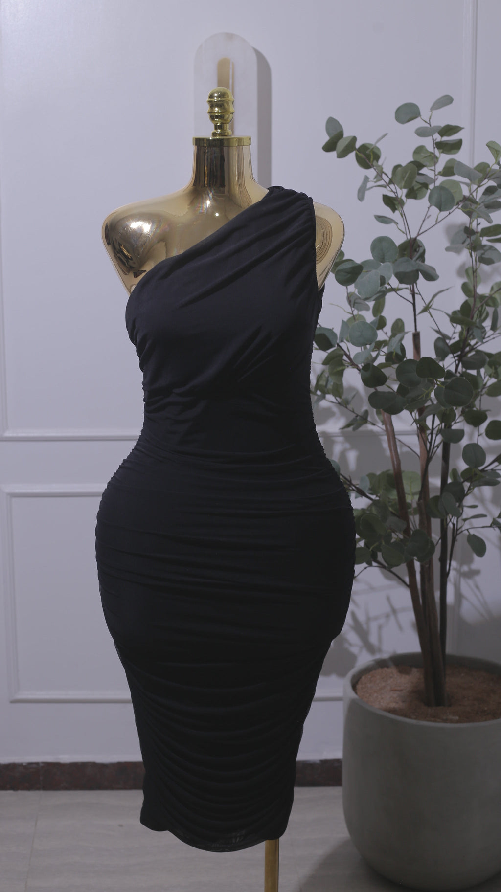 Black One-Shoulder Ruched Mini Dress