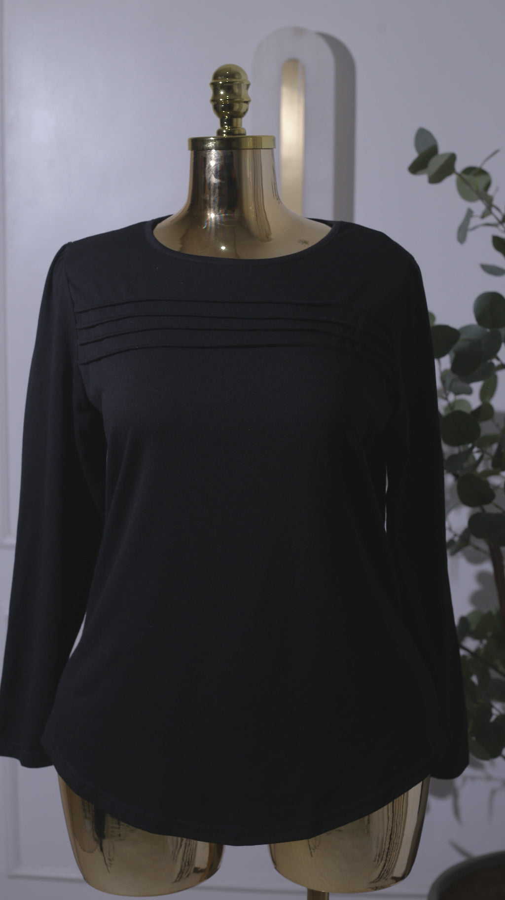Black Pleated Neckline Long-Sleeve Top