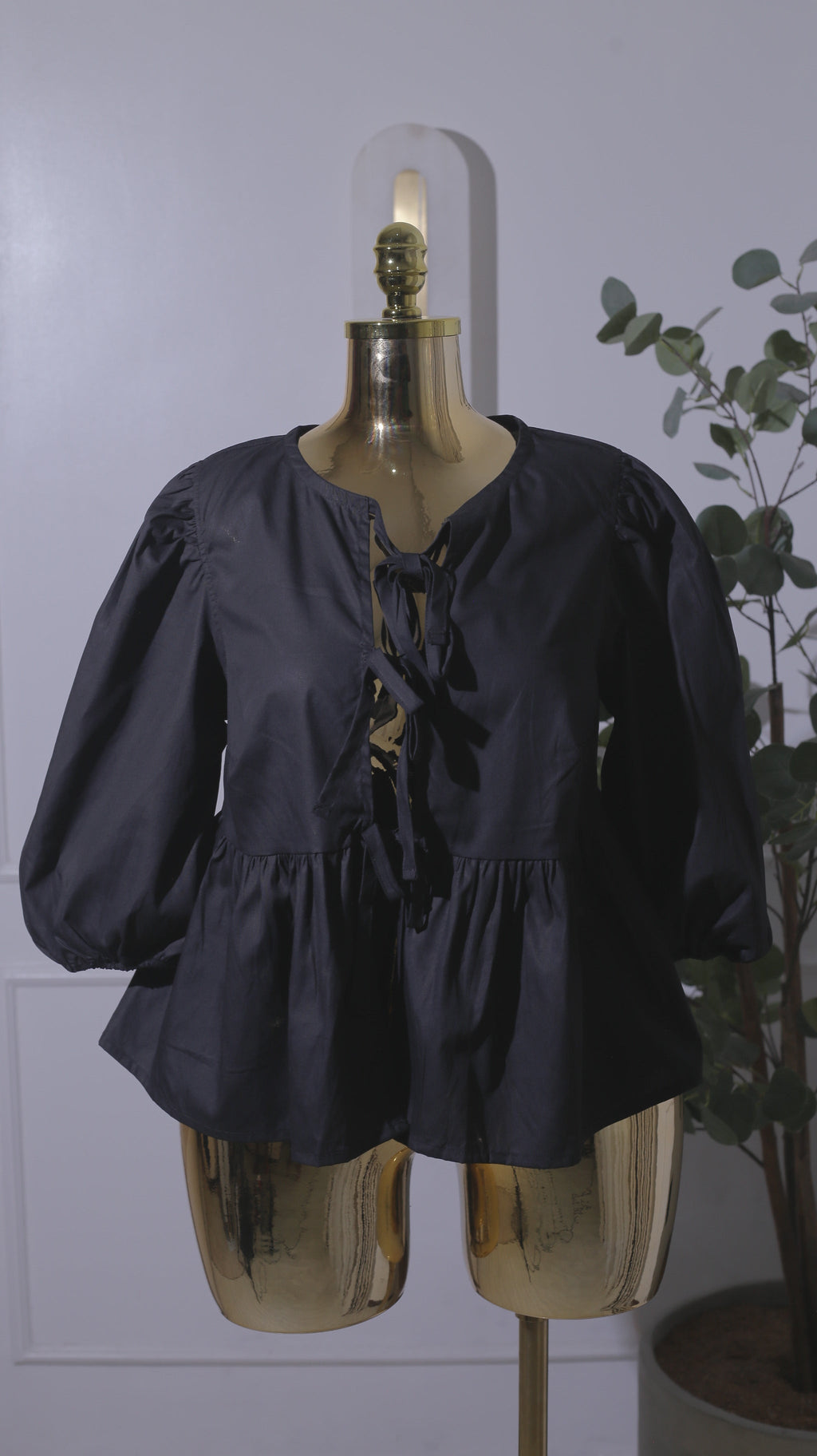 Black Poplin Peplum Tie-Front Blouse