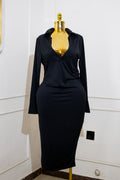 Black Ribbed Long-Sleeve Midi Dress