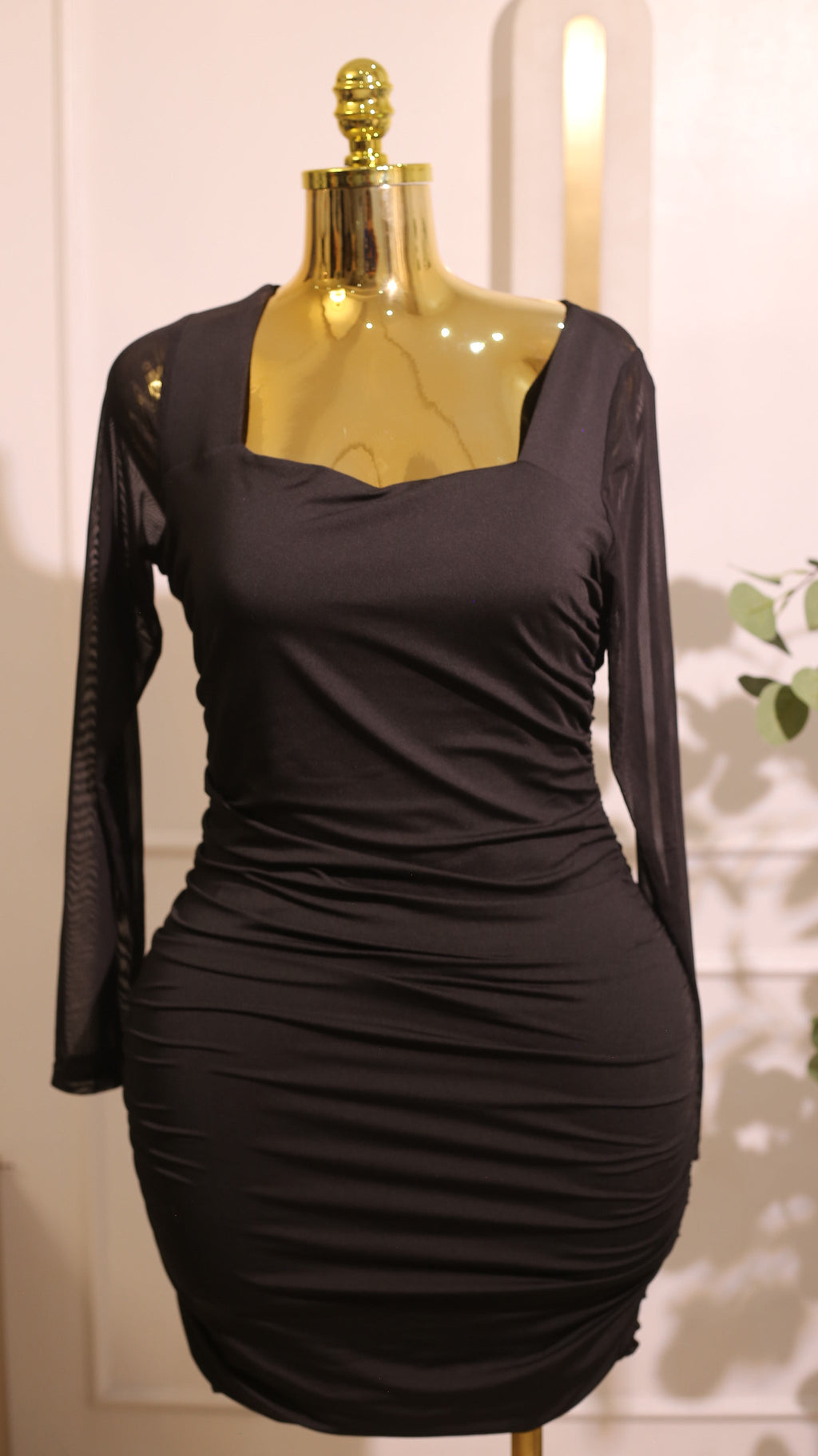 Black Ruched Mesh Sleeve Bodycon Dress