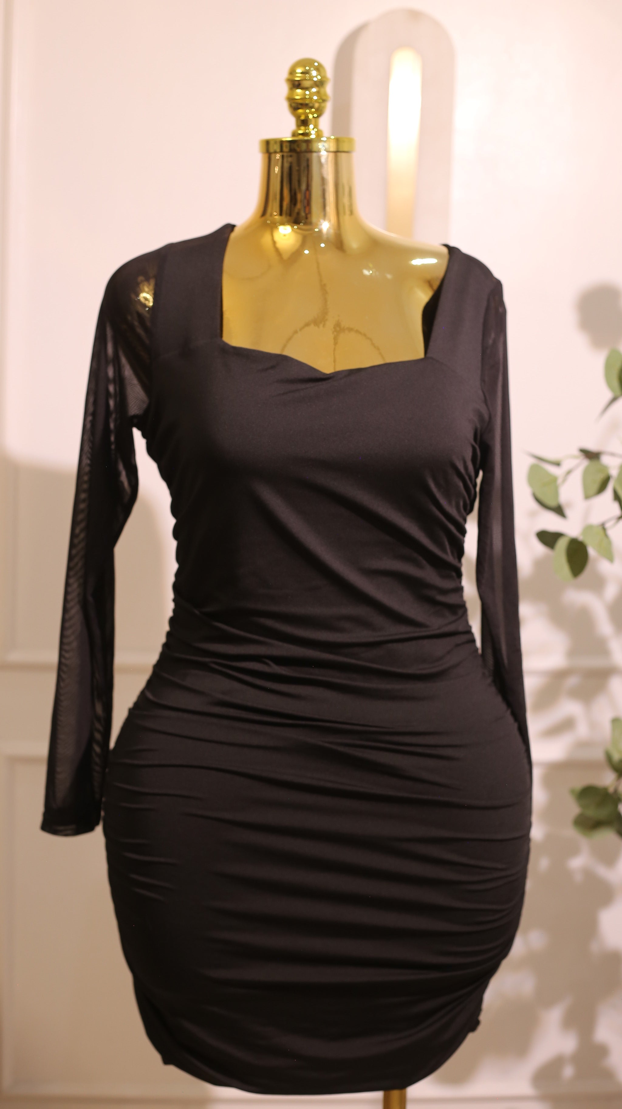 Black Ruched Mesh Sleeve Bodycon Dress