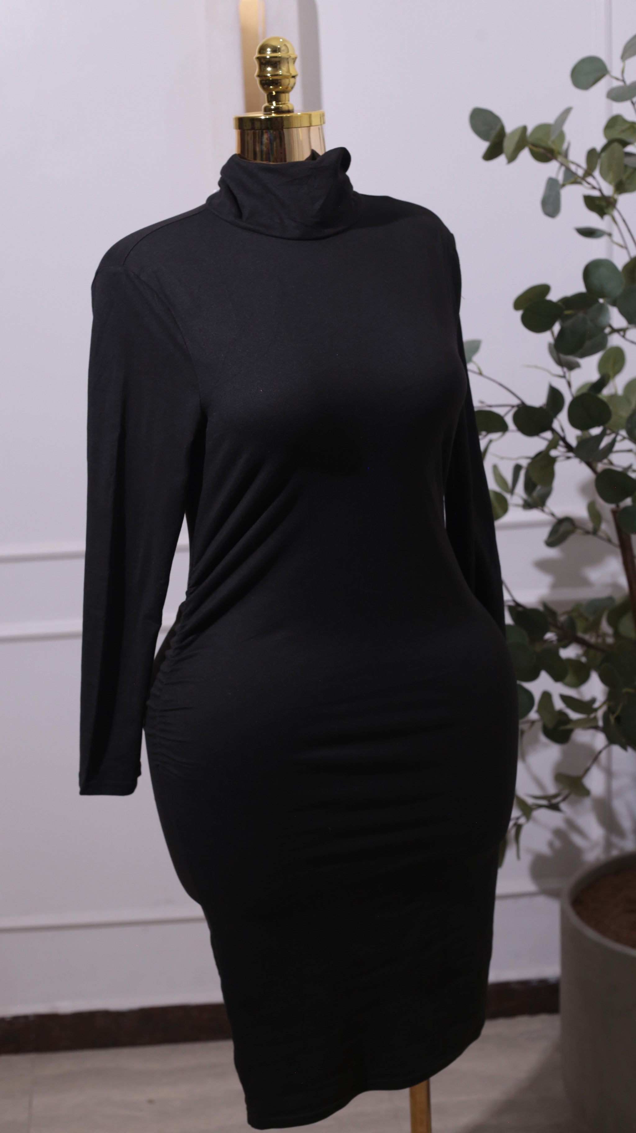 Black Ruched Mock-Neck Dress