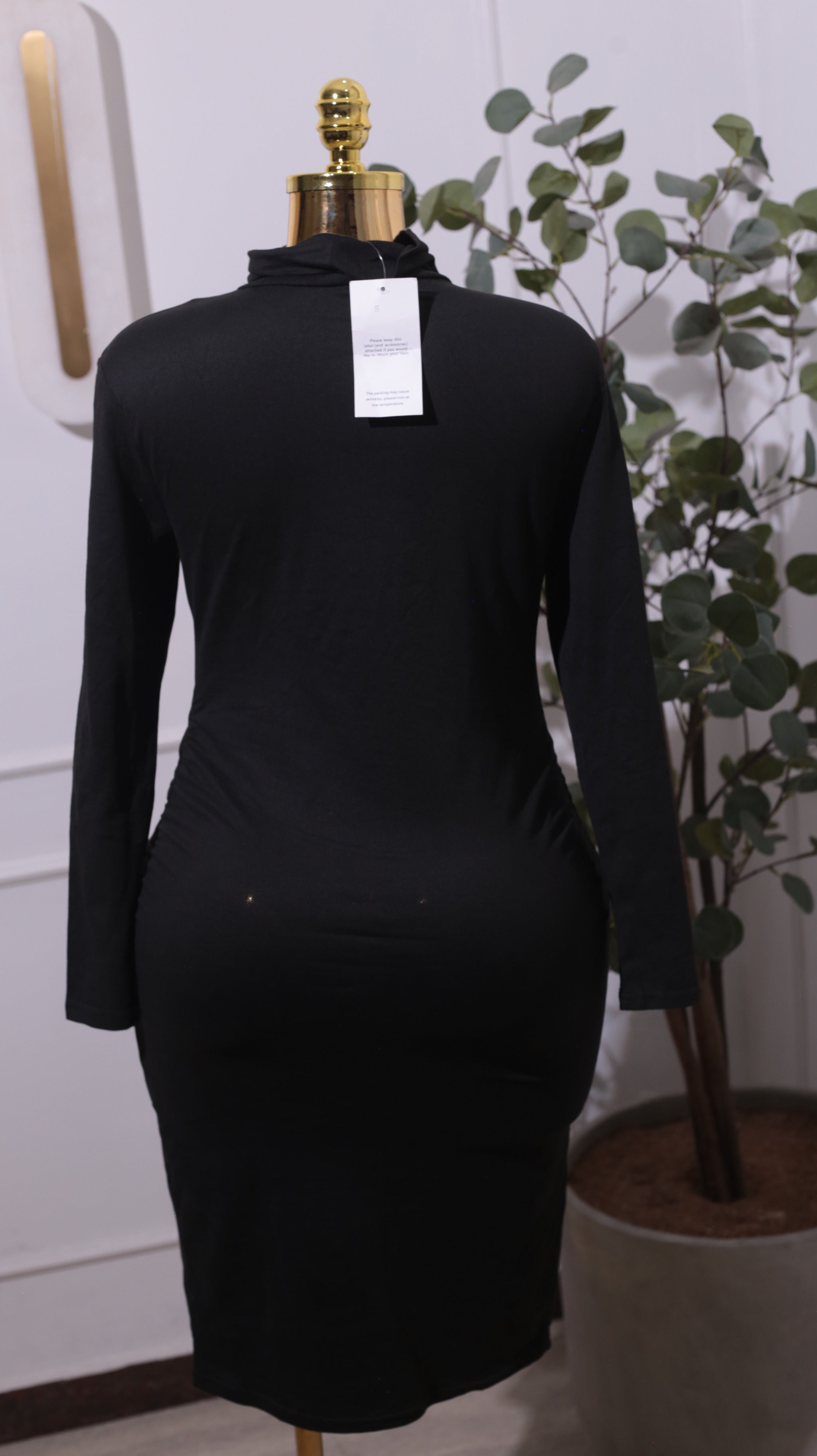 Black Ruched Mock-Neck Dress