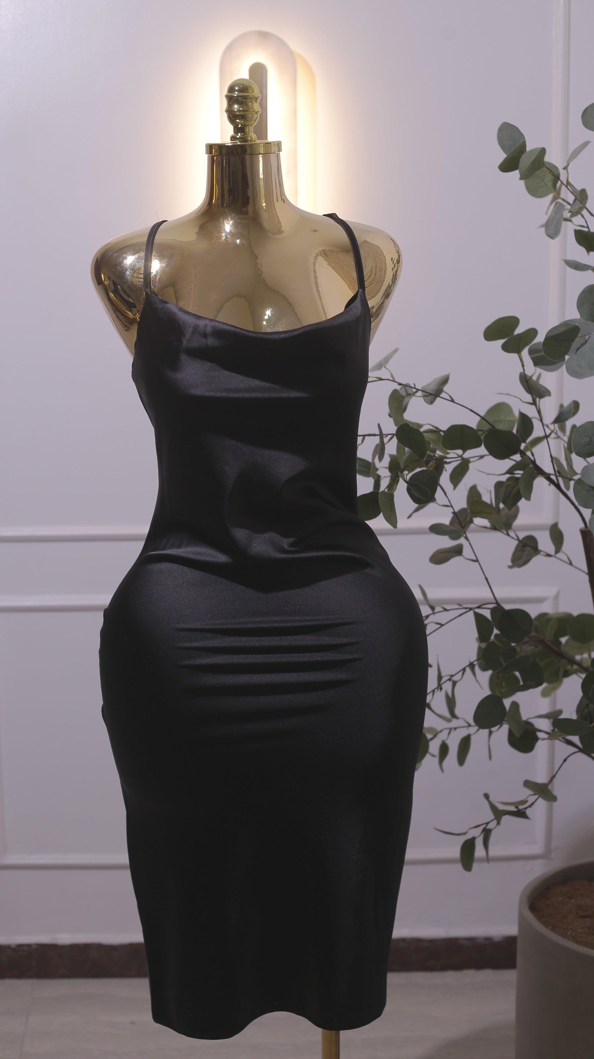 Black Satin Slip Midi Dress