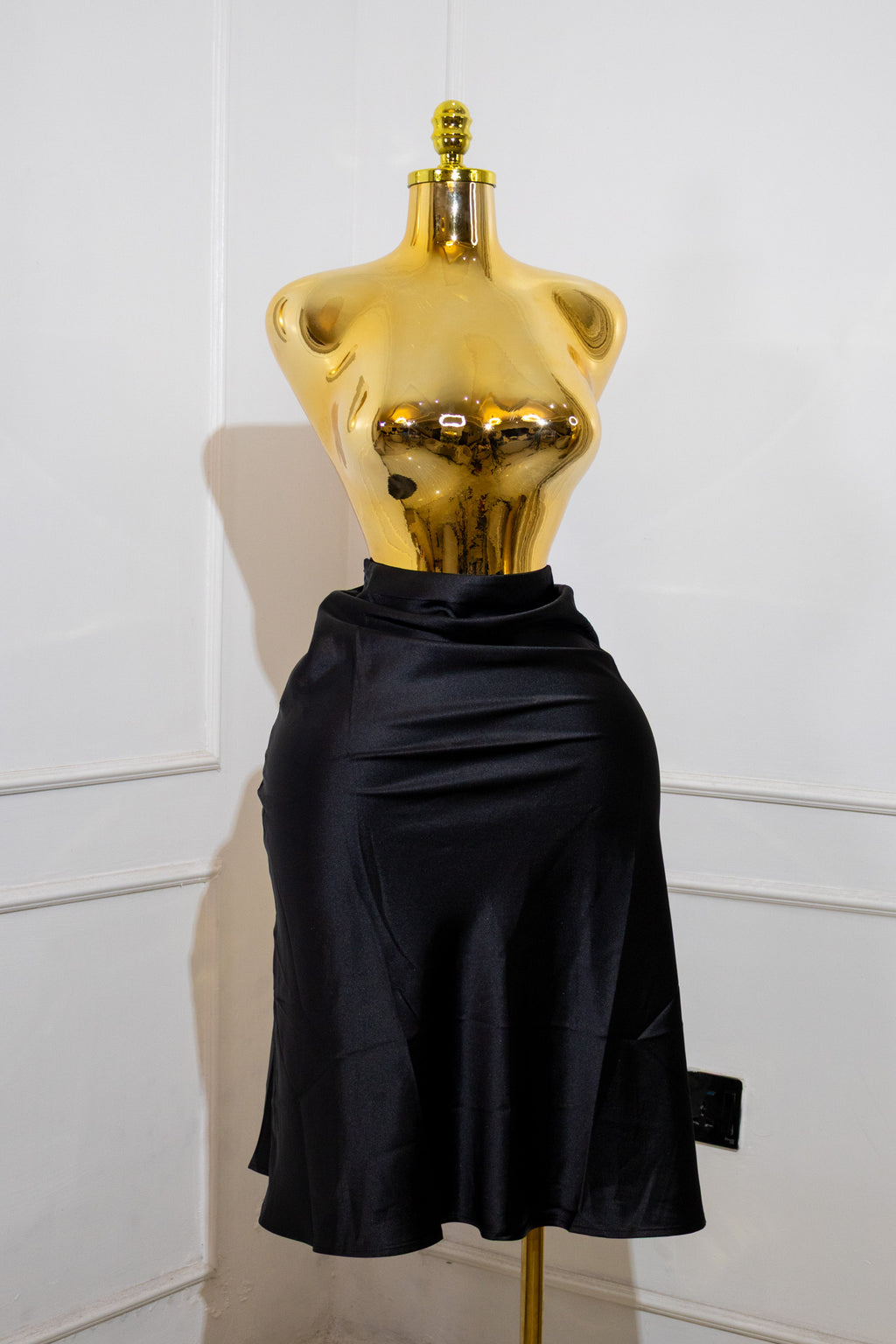 Black Satin Slip Midi Skirt