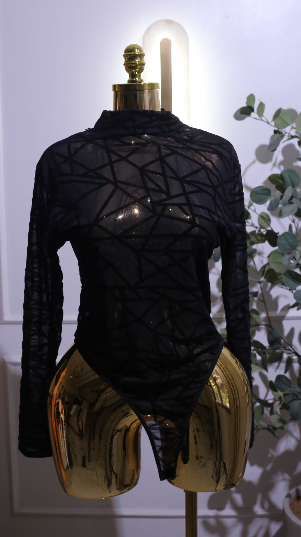 Black Sheer Mesh Velvet Bodysuit