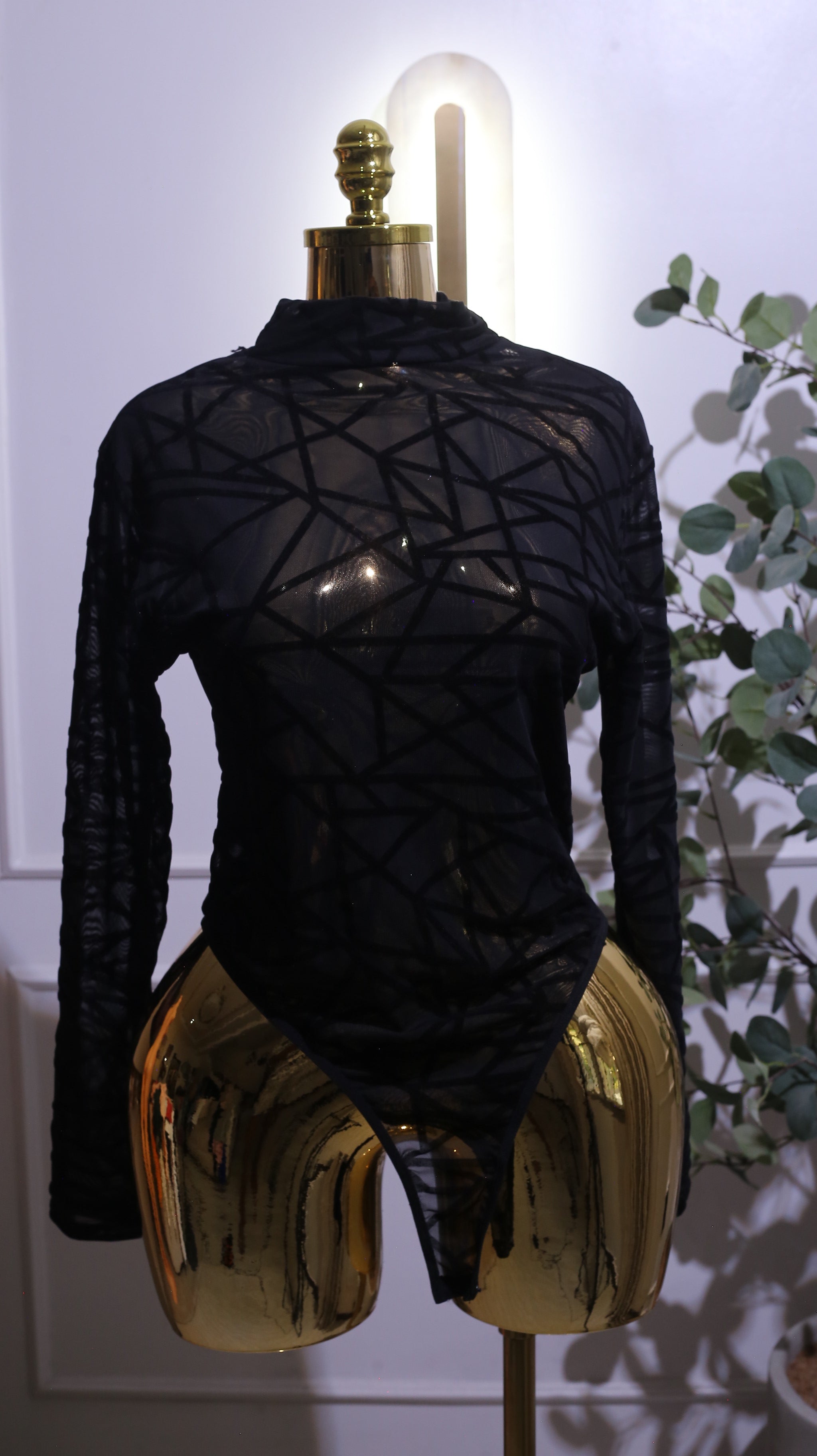 Black Sheer Mesh Velvet Bodysuit
