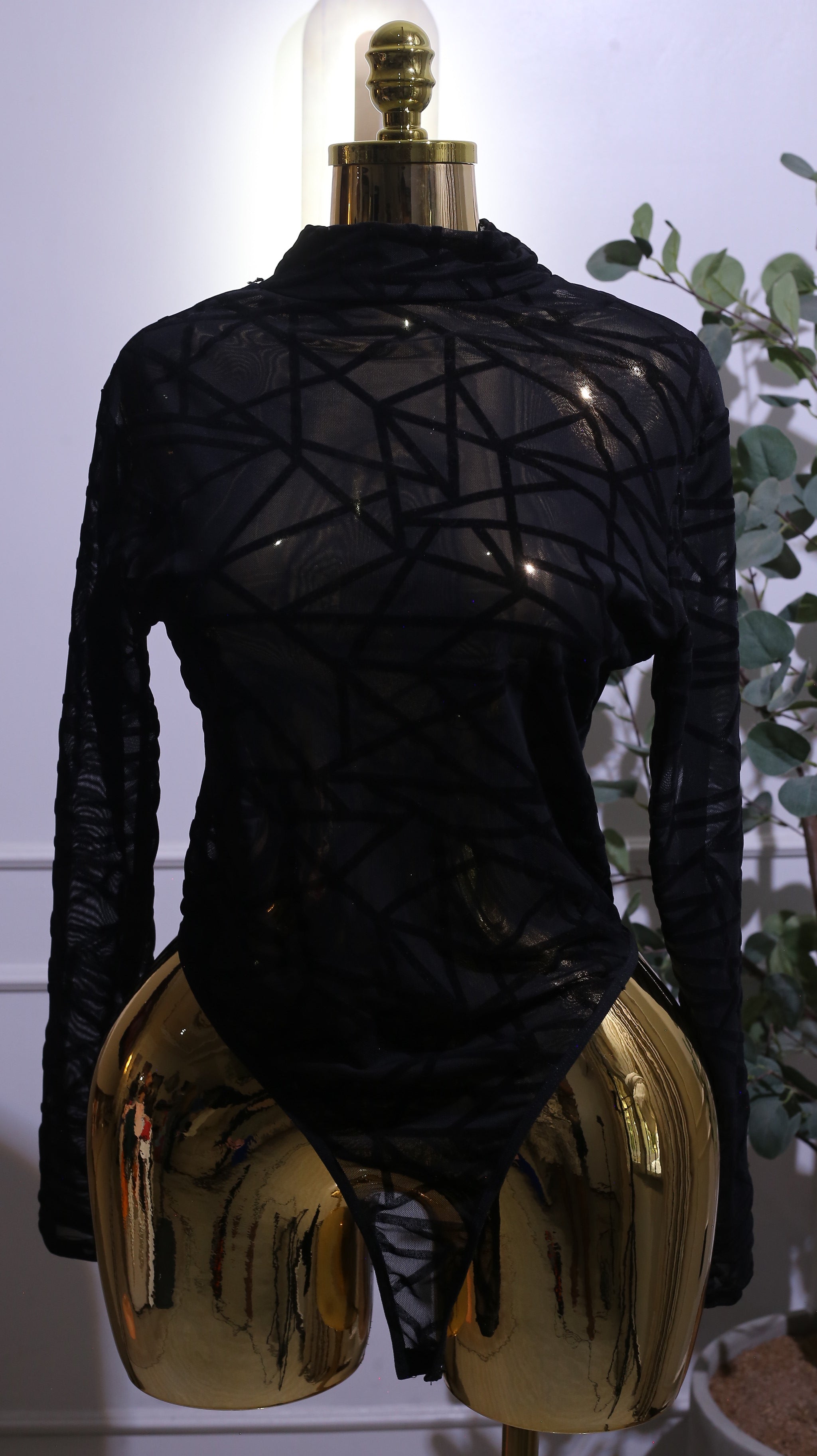 Black Sheer Mesh Velvet Bodysuit
