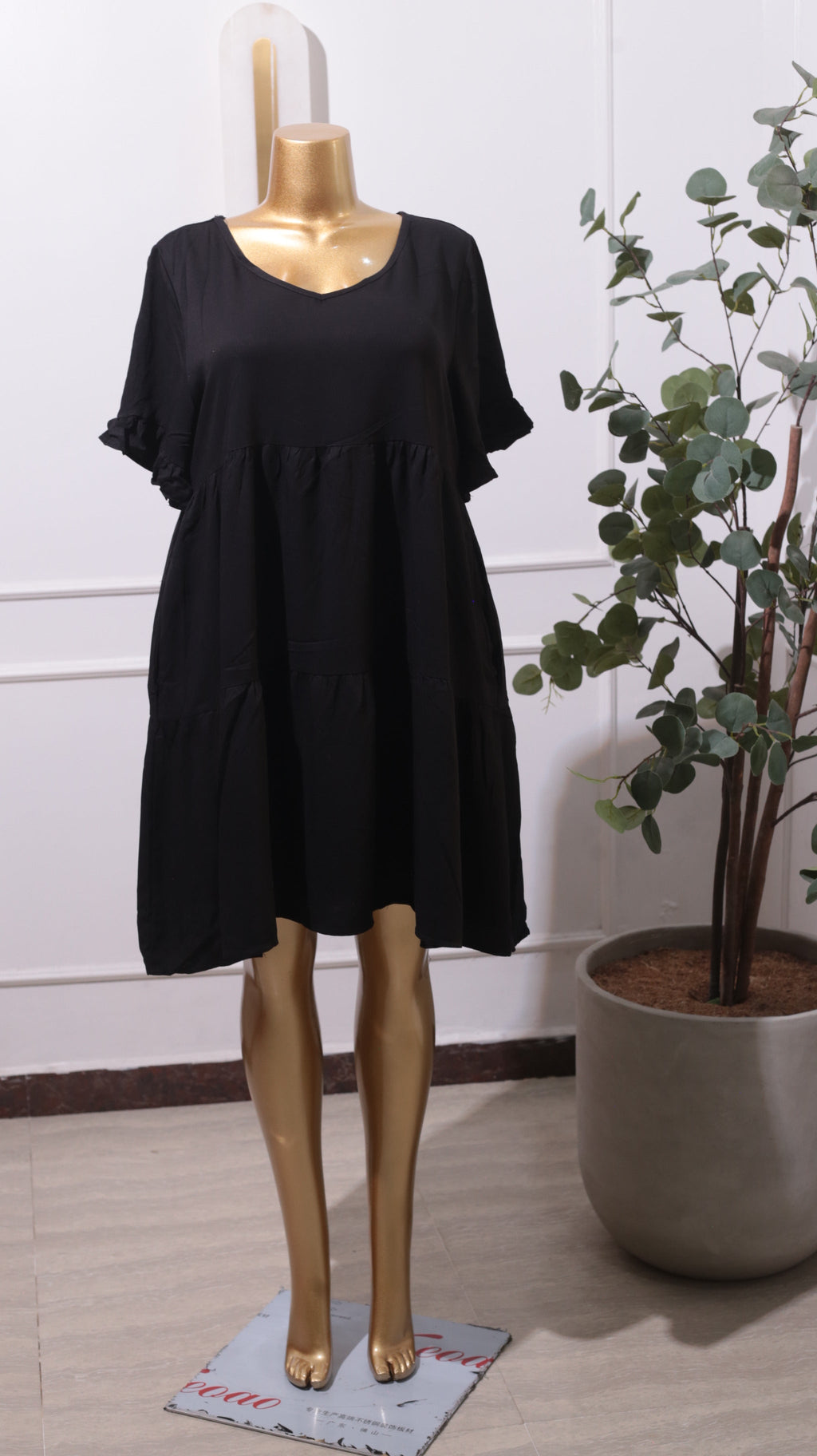 Black Short-sleeve Linen Blend Tiered Mini Dress