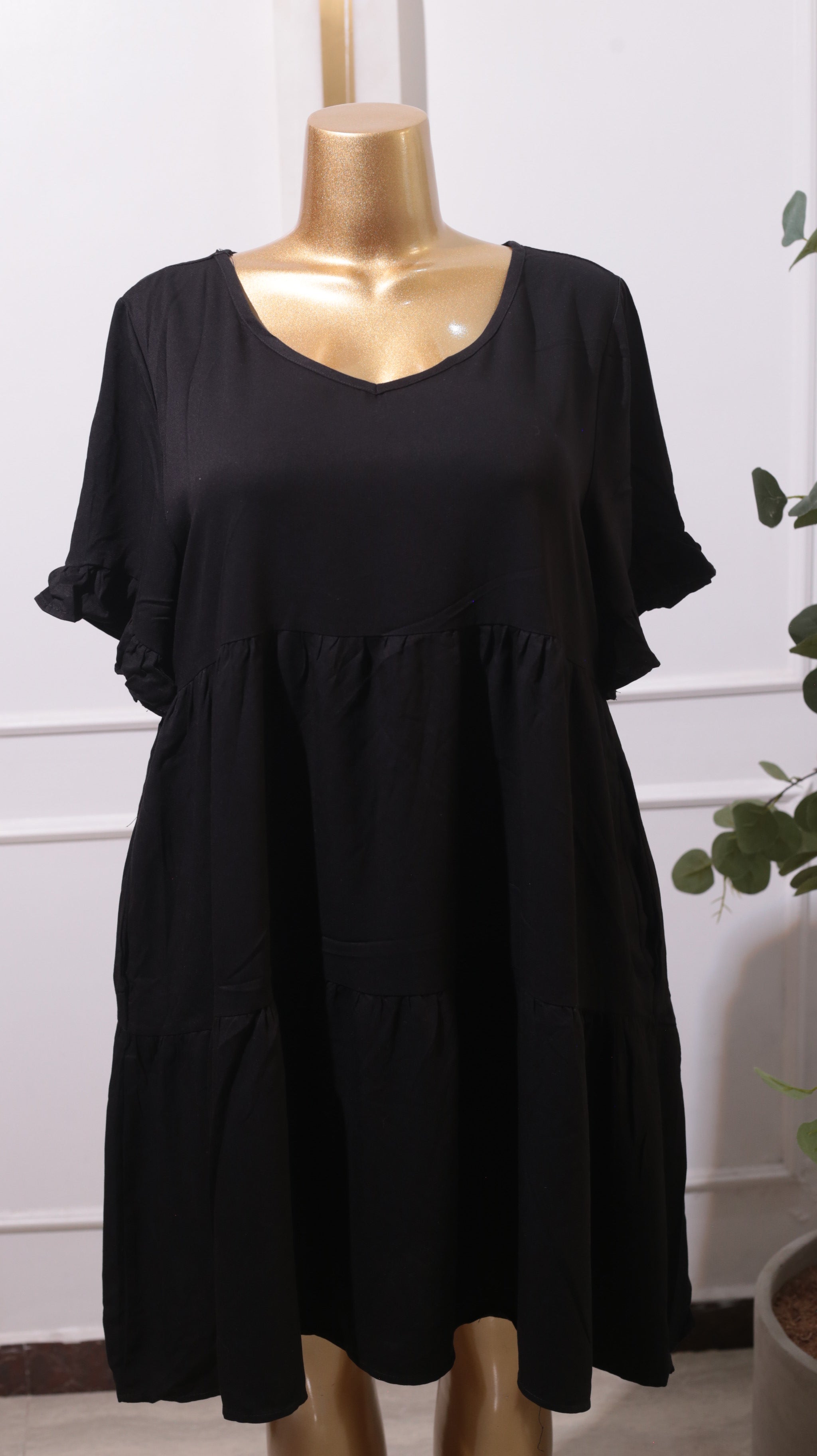 Black Short-sleeve Linen Blend Tiered Mini Dress