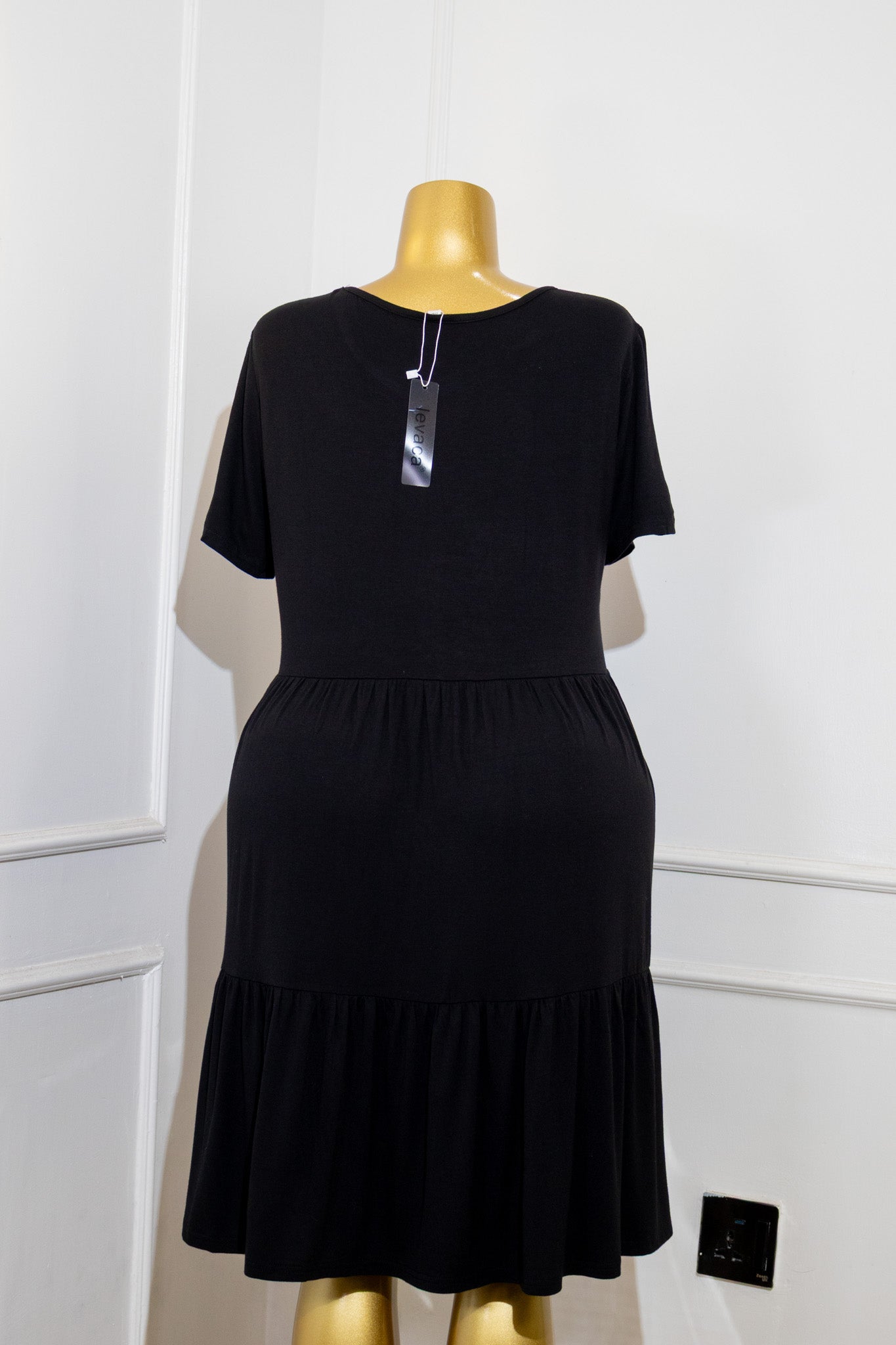 Black Short-Sleeve Tiered Mini Dress