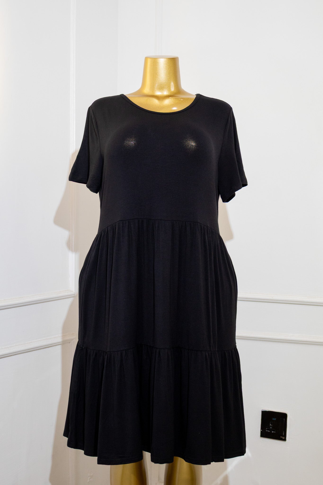 Black Short-Sleeve Tiered Mini Dress