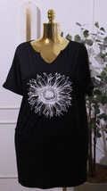 Black Short-sleeved T-shirt Dress With A White Sunflower Print