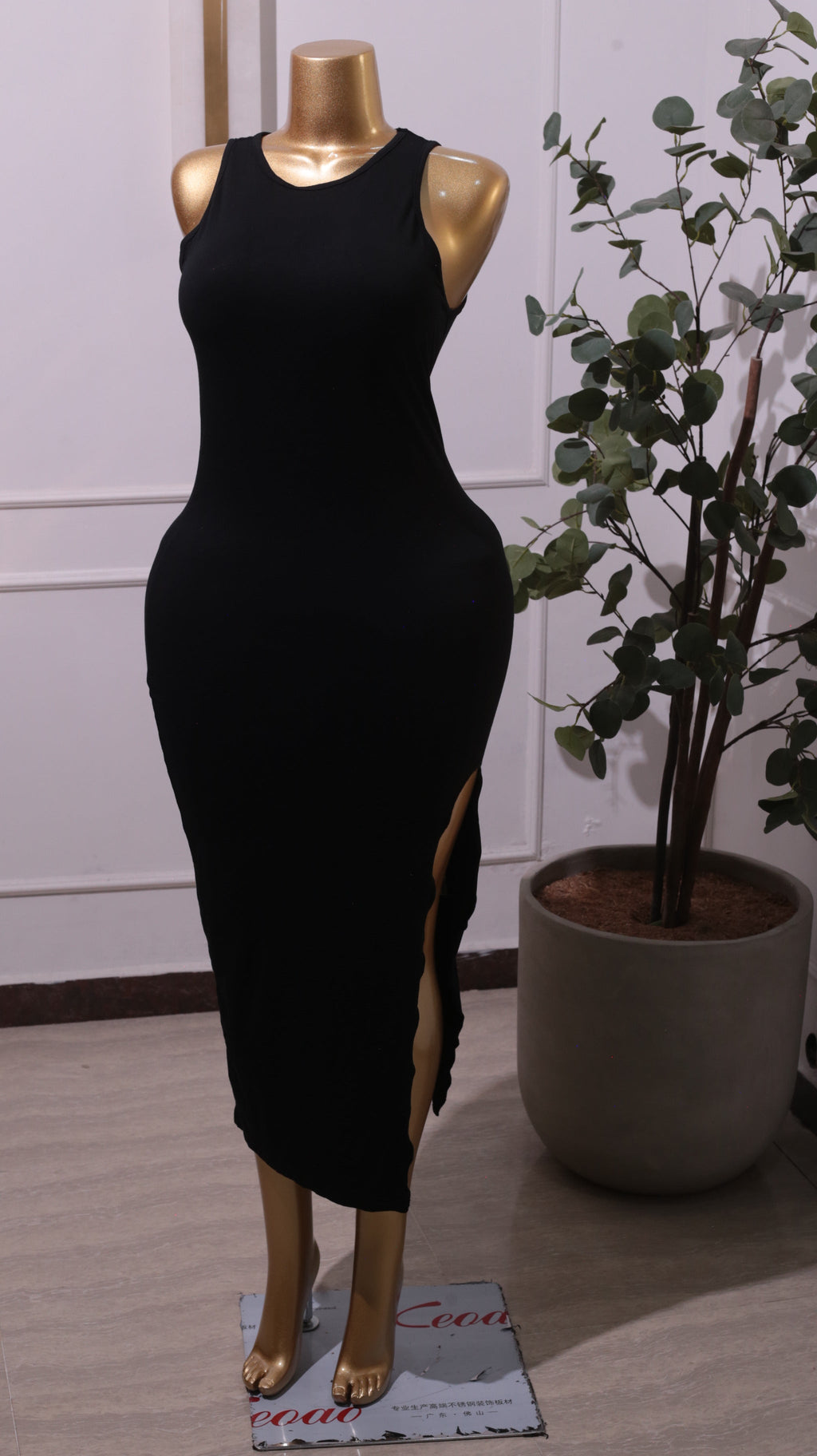 Black Sleeveless Maxi Dress With A Side Slit