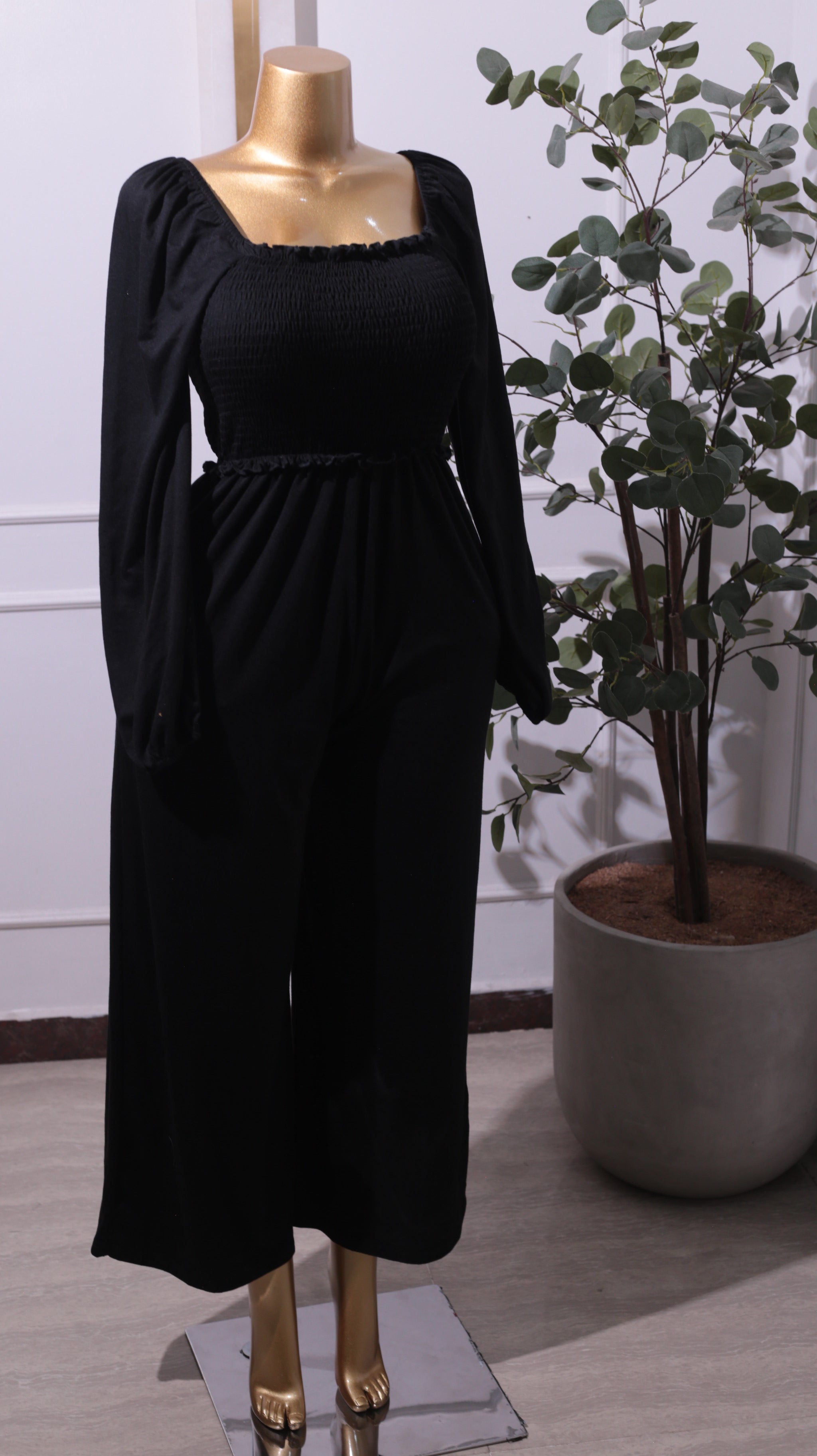Black Square-Neck Smocked Jumpsuit