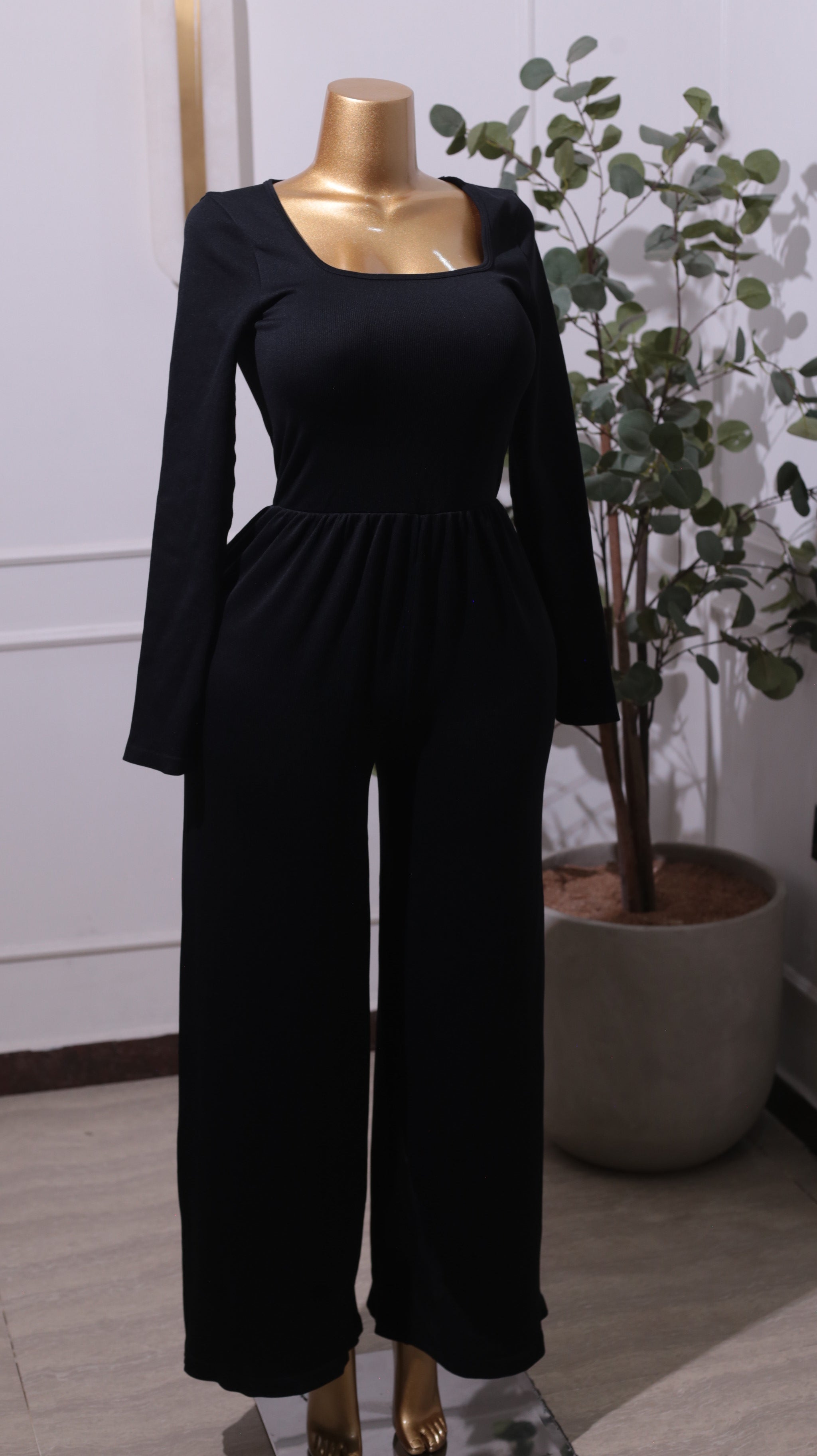 Black Square-Neck Smocked Jumpsuit