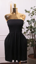 Black Strapless Smocked Midi Dress