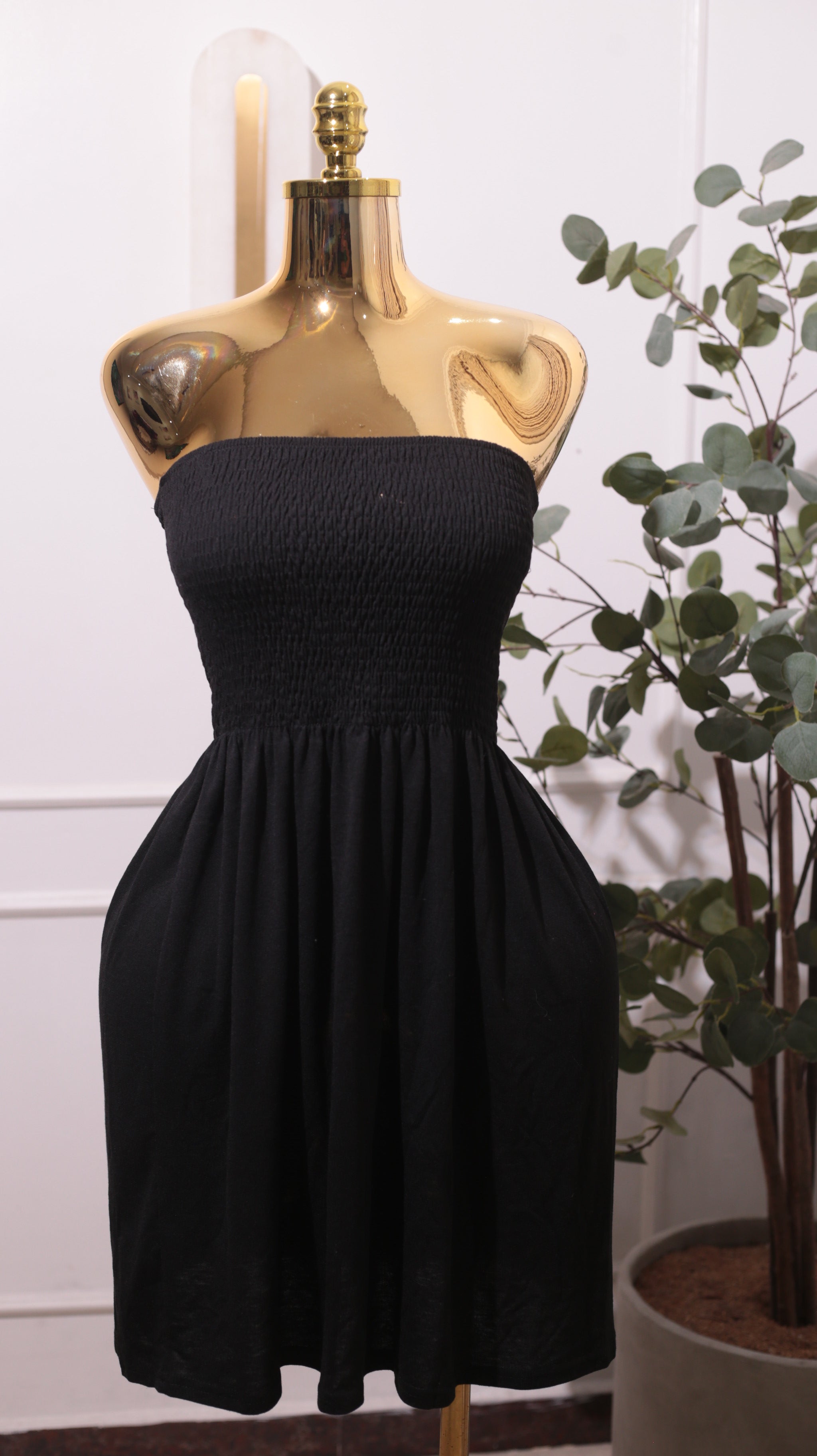 Black Strapless Smocked Midi Dress
