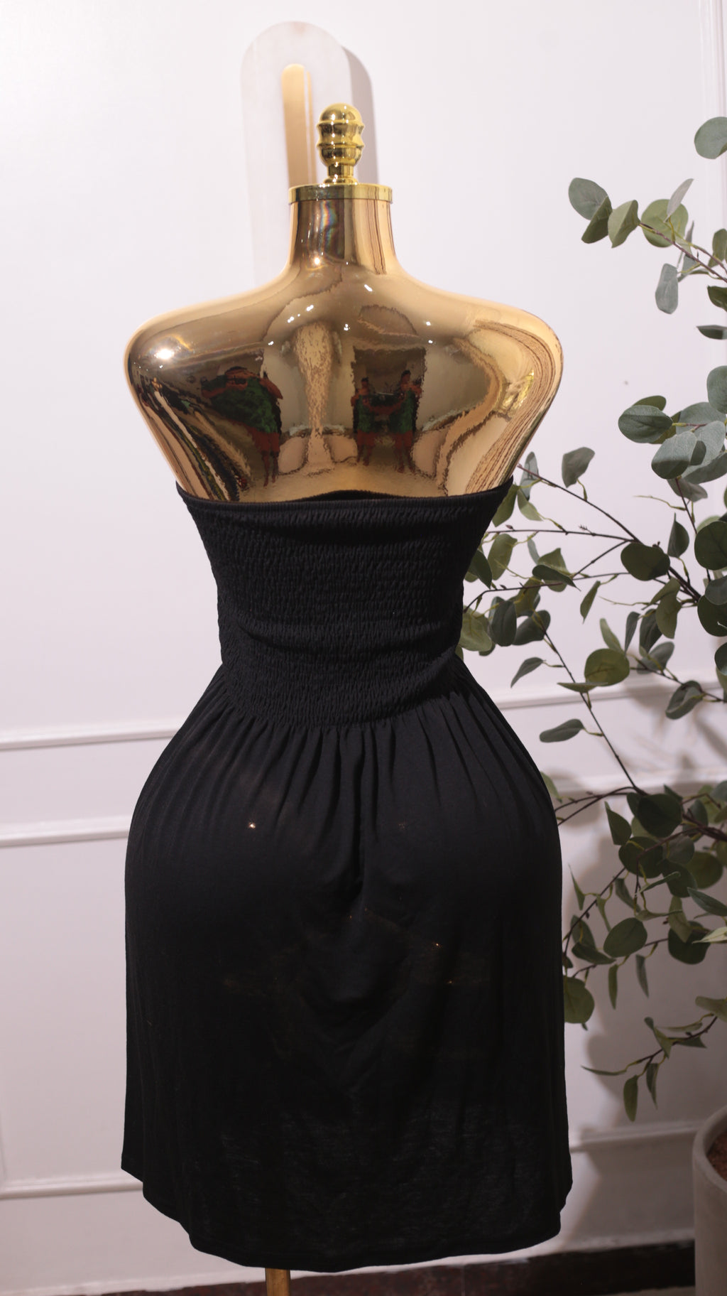 Black Strapless Smocked Midi Dress
