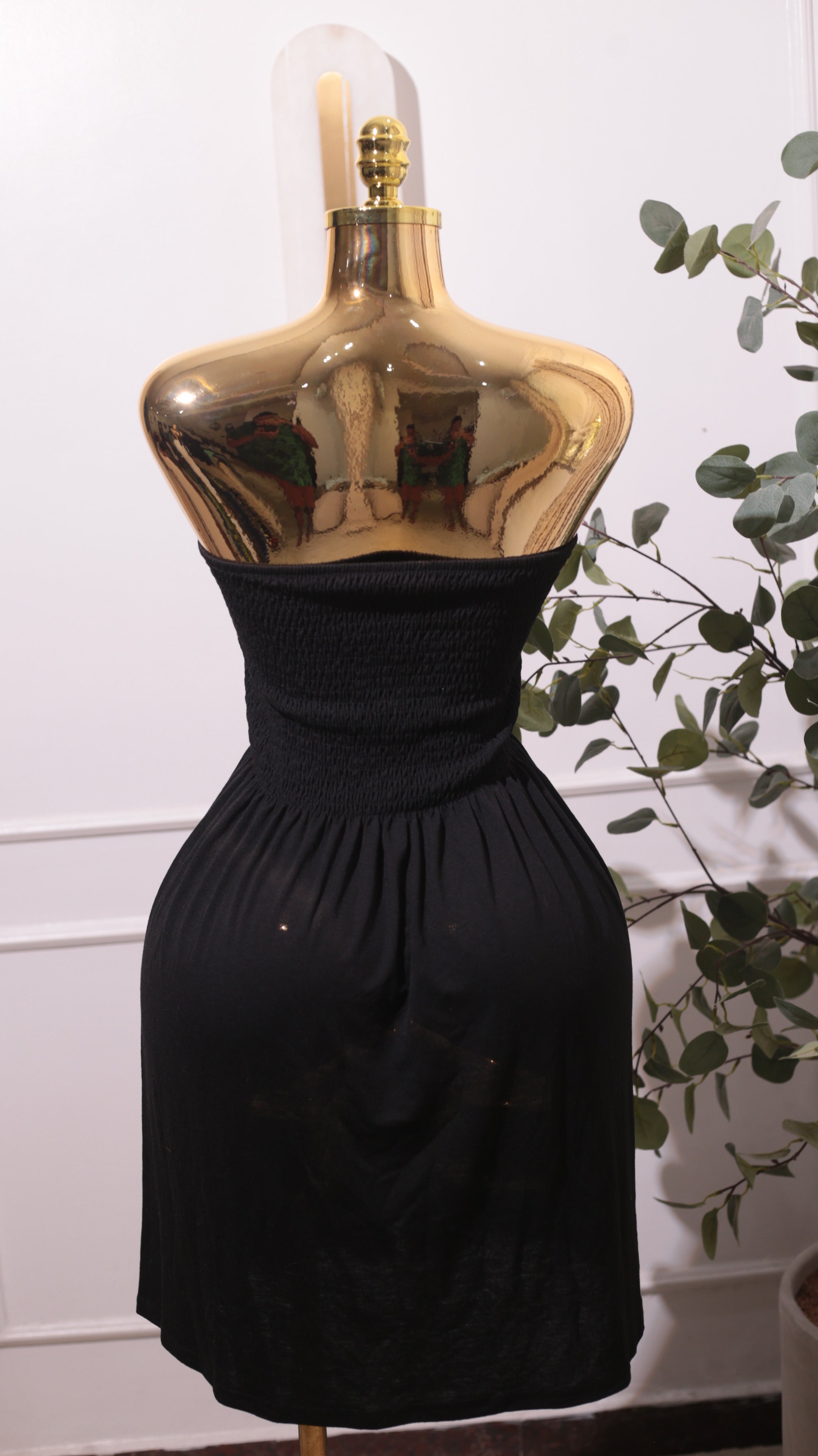 Black Strapless Smocked Midi Dress
