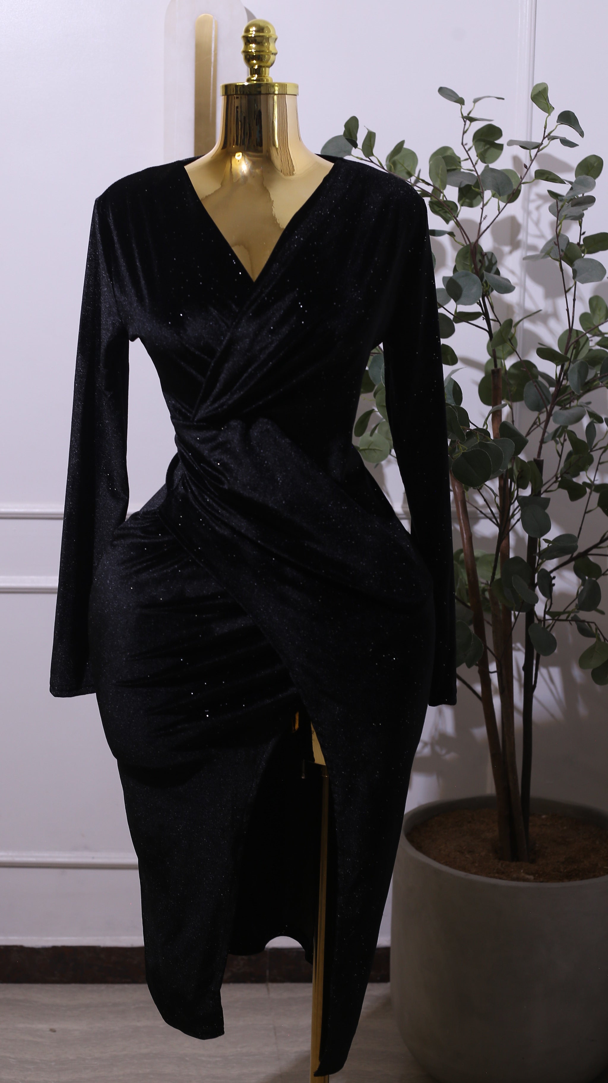Black Velvet Wrap Midi Dress