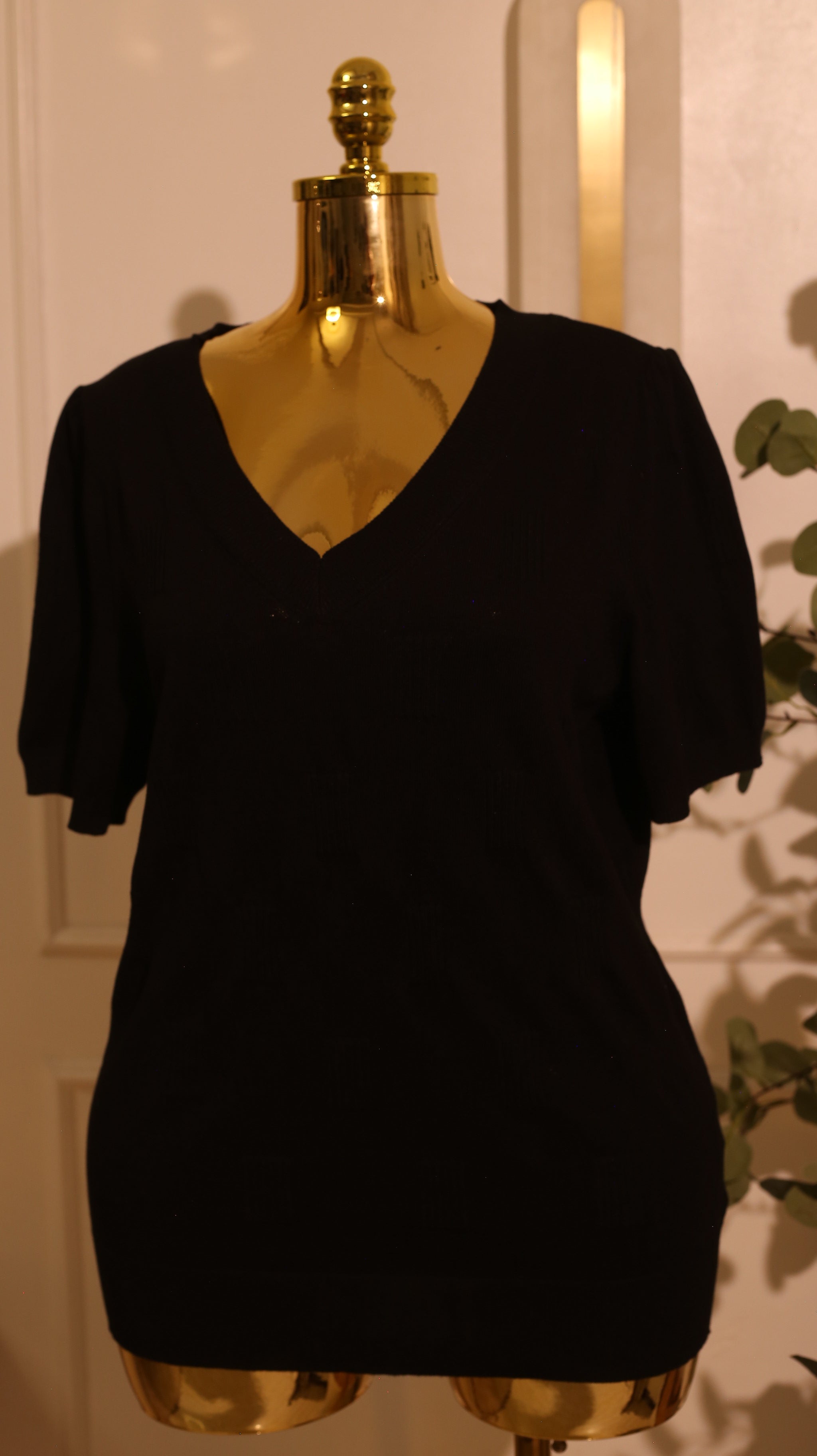 Black V-Neck Short Sleeve Knit Top (XL)