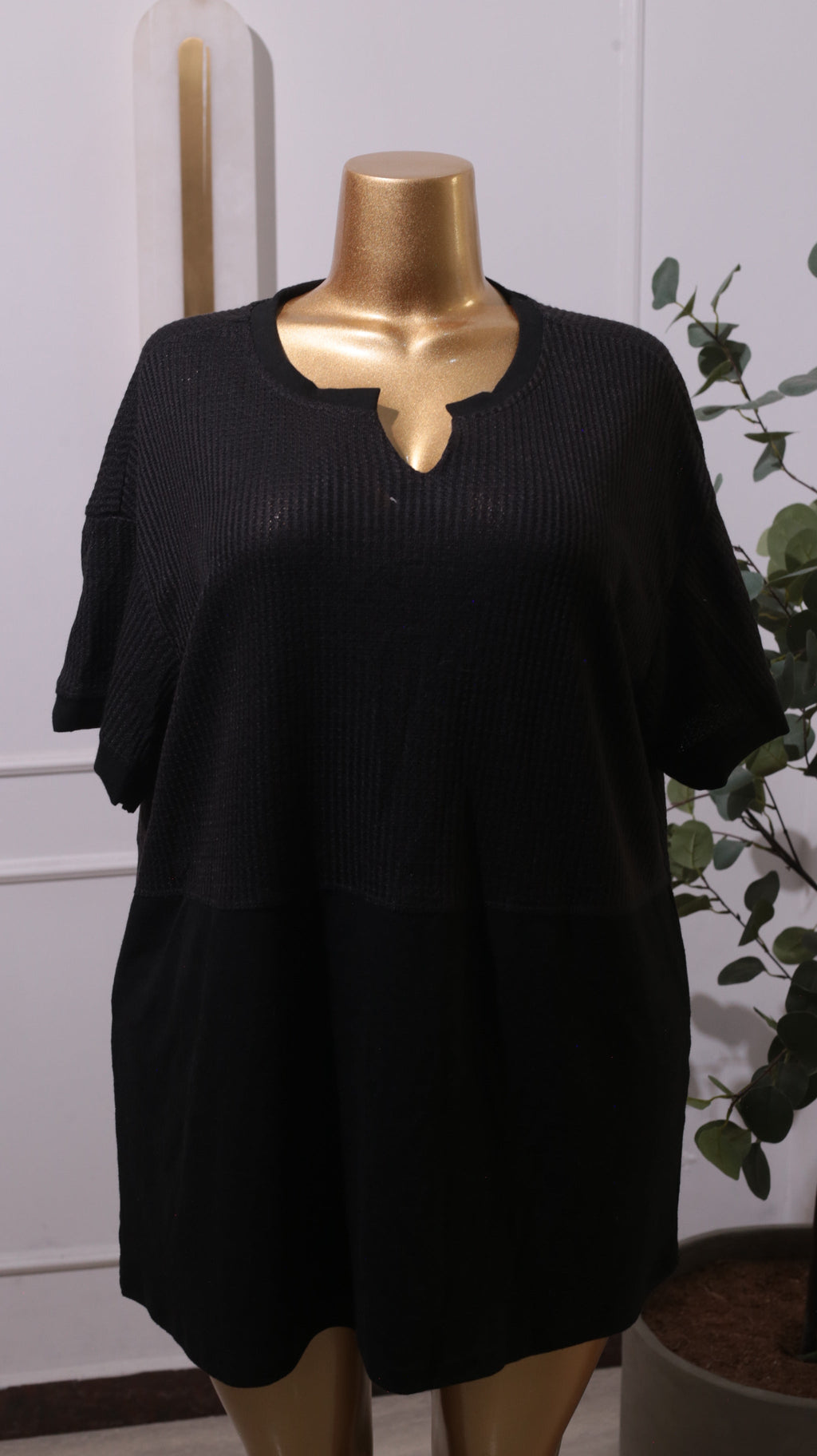 Black Waffle Knit V-Neck Top