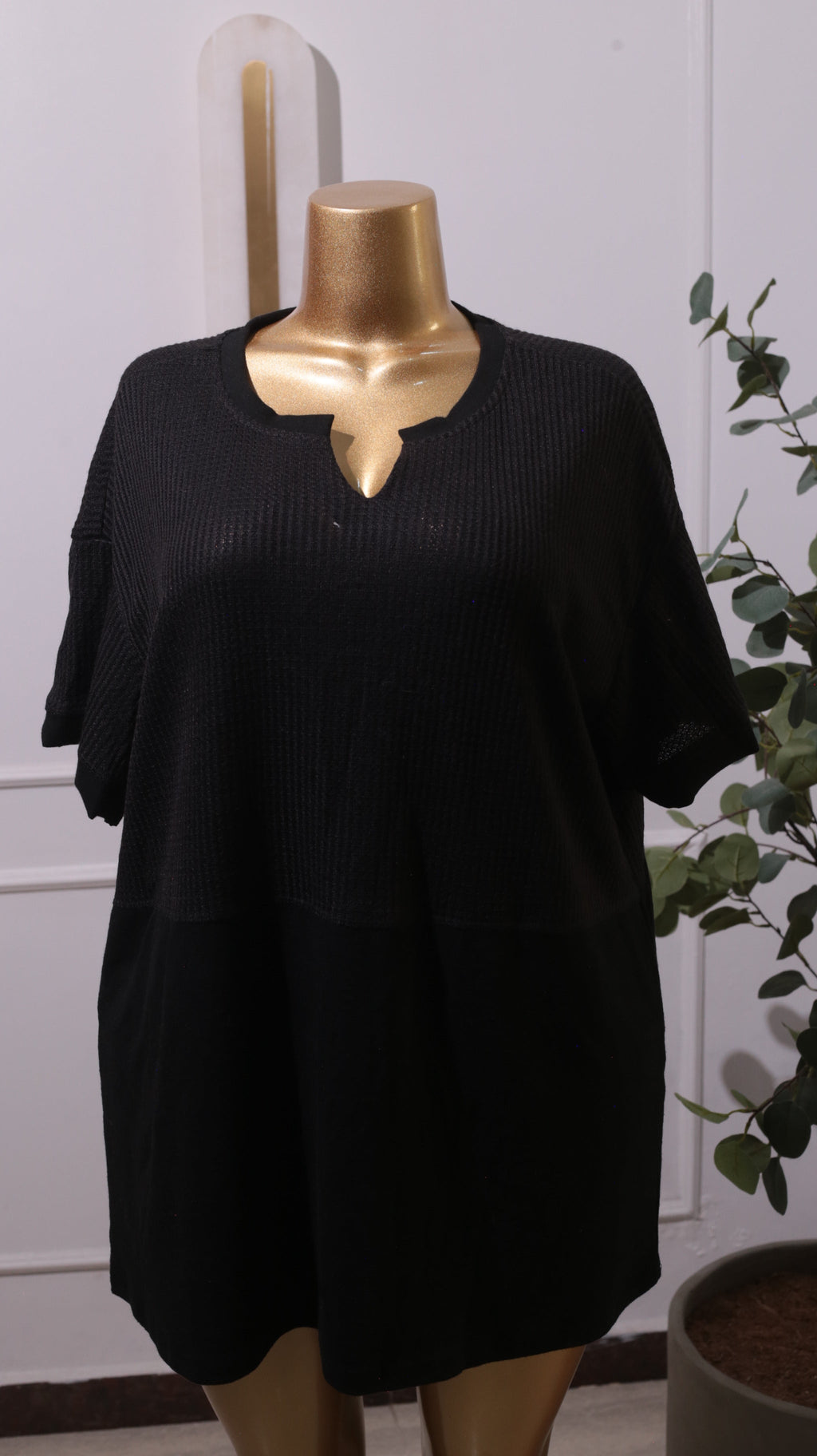 Black Waffle Knit V-Neck Top