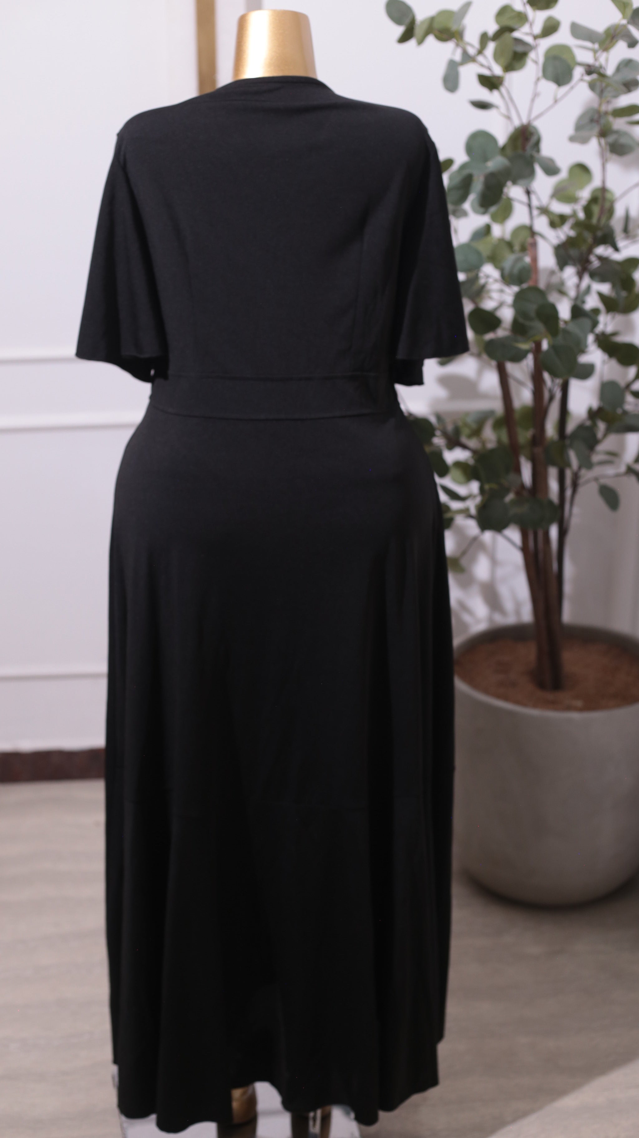 Black Wrap-Style Ruffle-Hem Midi Dress