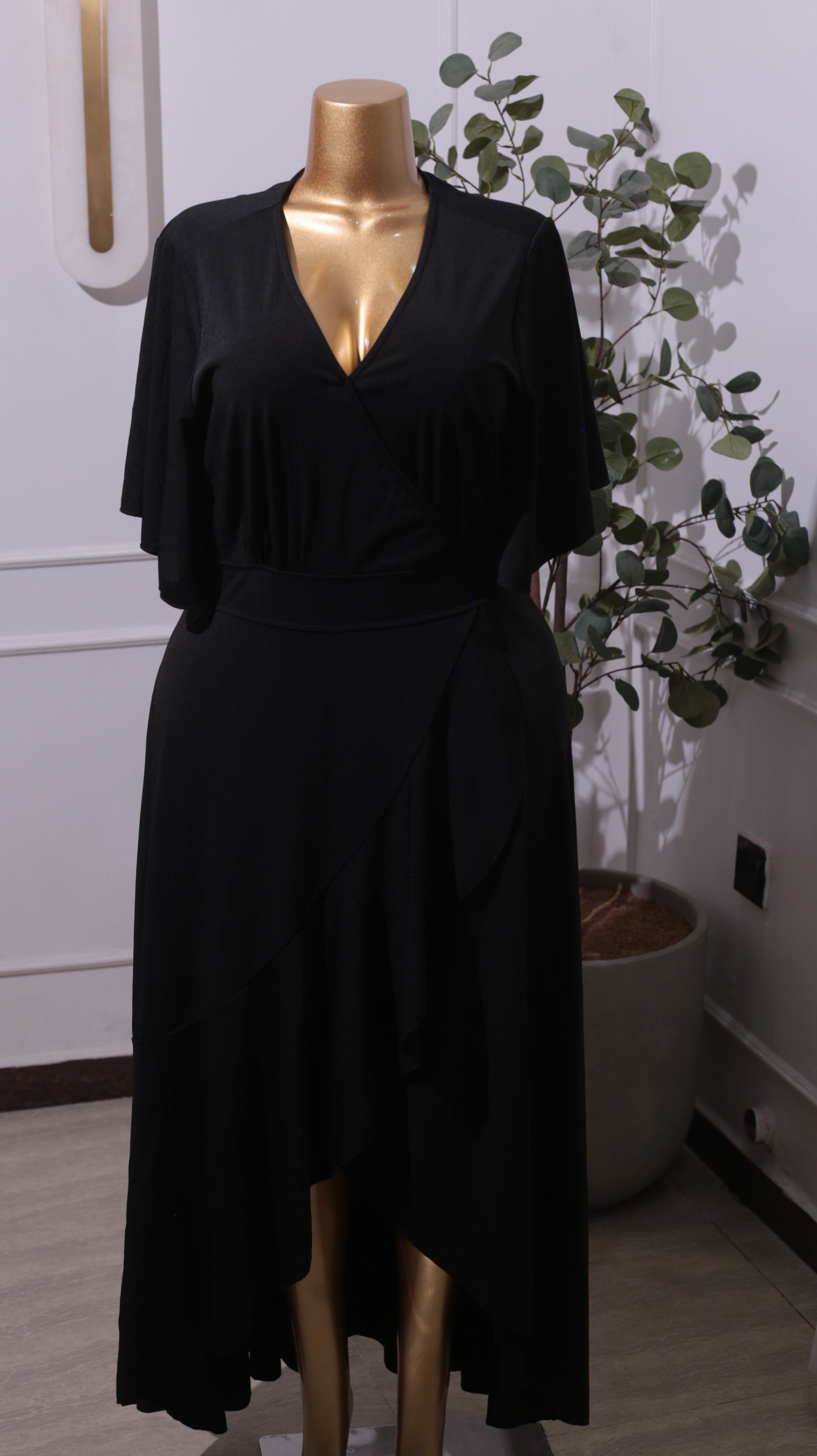 Black Wrap-Style Ruffle-Hem Midi Dress