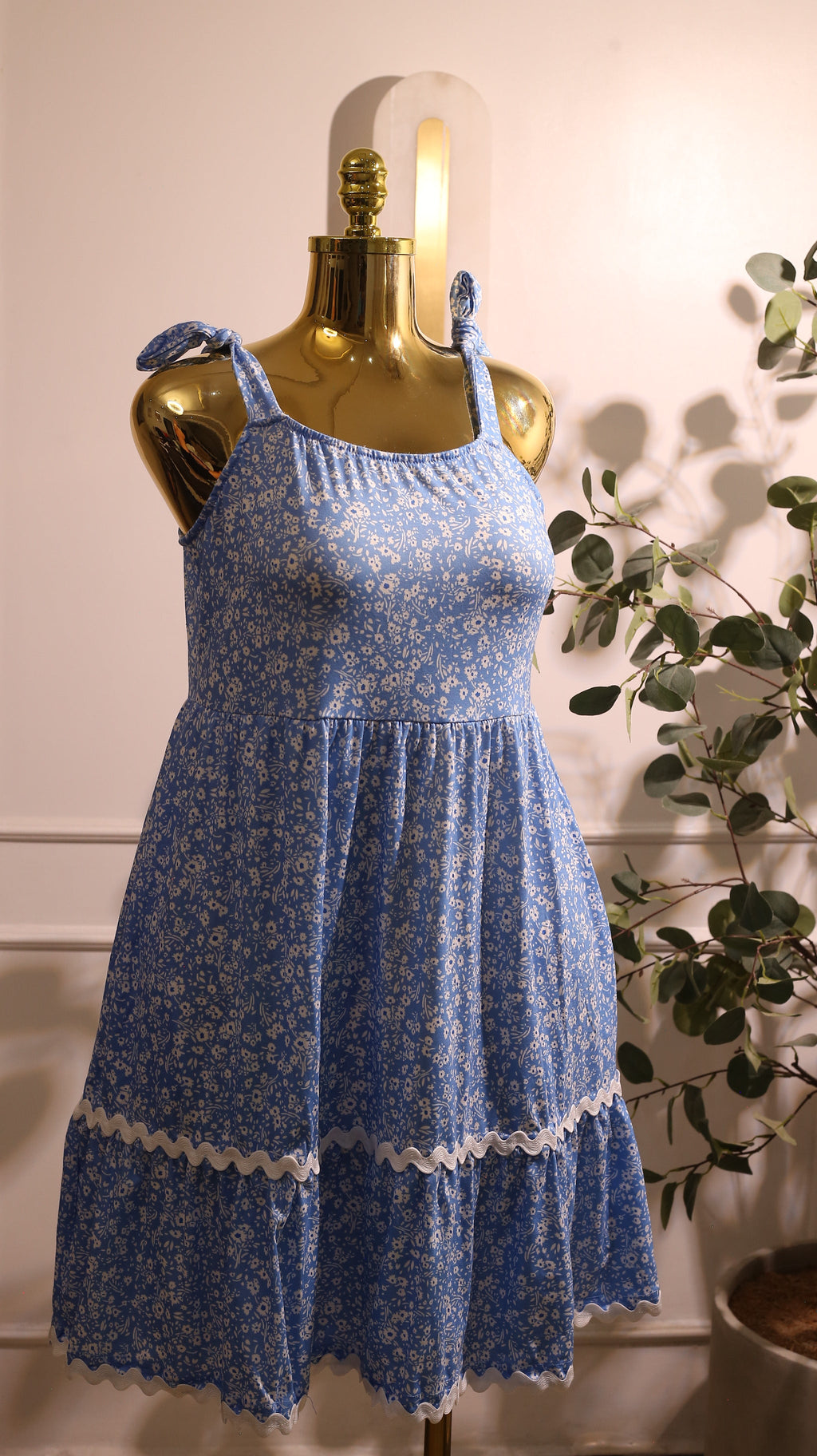 Blue Floral Print Sleeveless Dress With A Tiered And White Trim