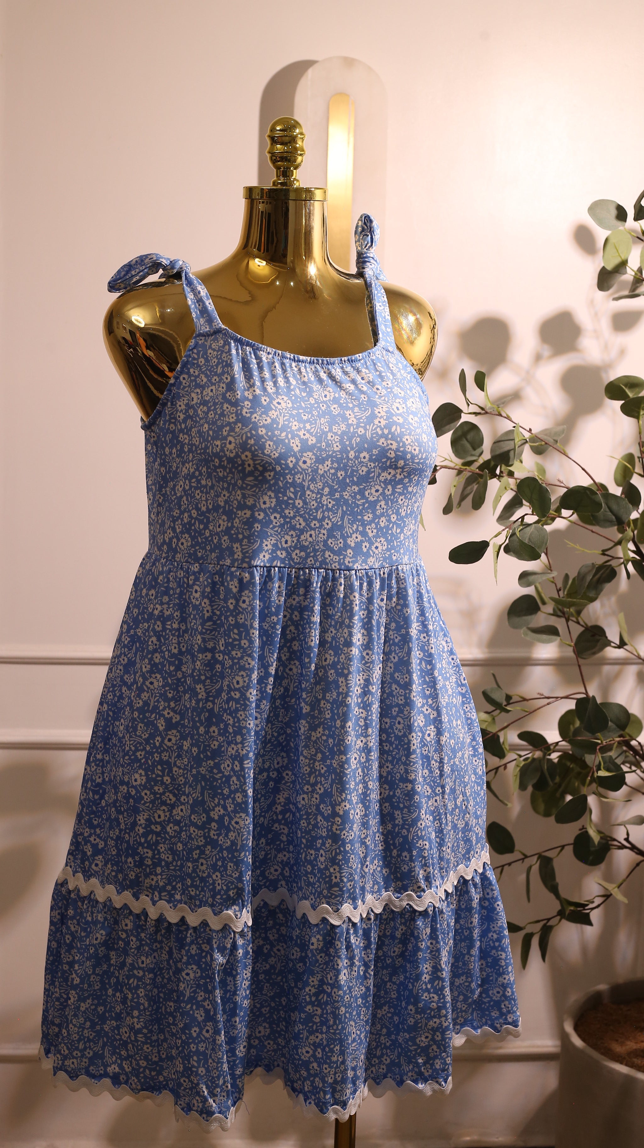 Blue Floral Print Sleeveless Dress With A Tiered And White Trim