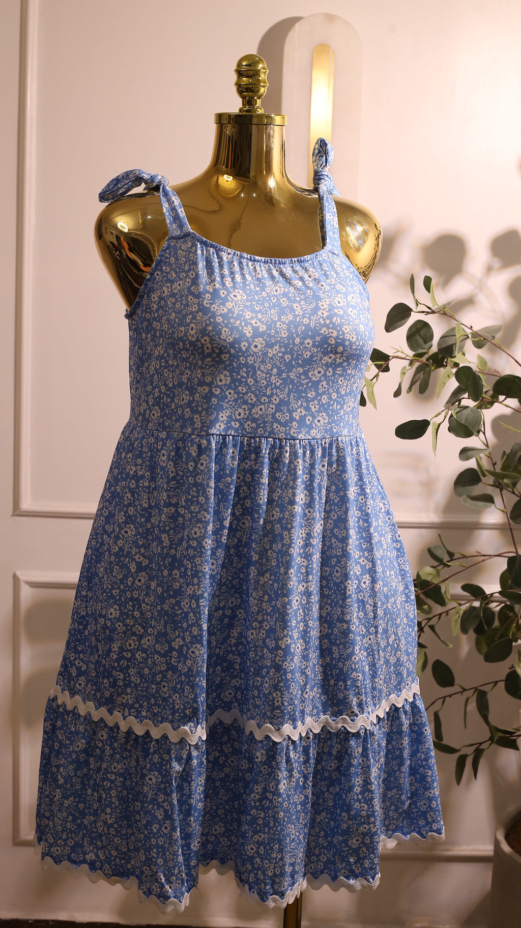 Blue Floral Print Sleeveless Dress With A Tiered And White Trim