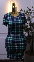 Blue & Green Plaid Ruched Dress