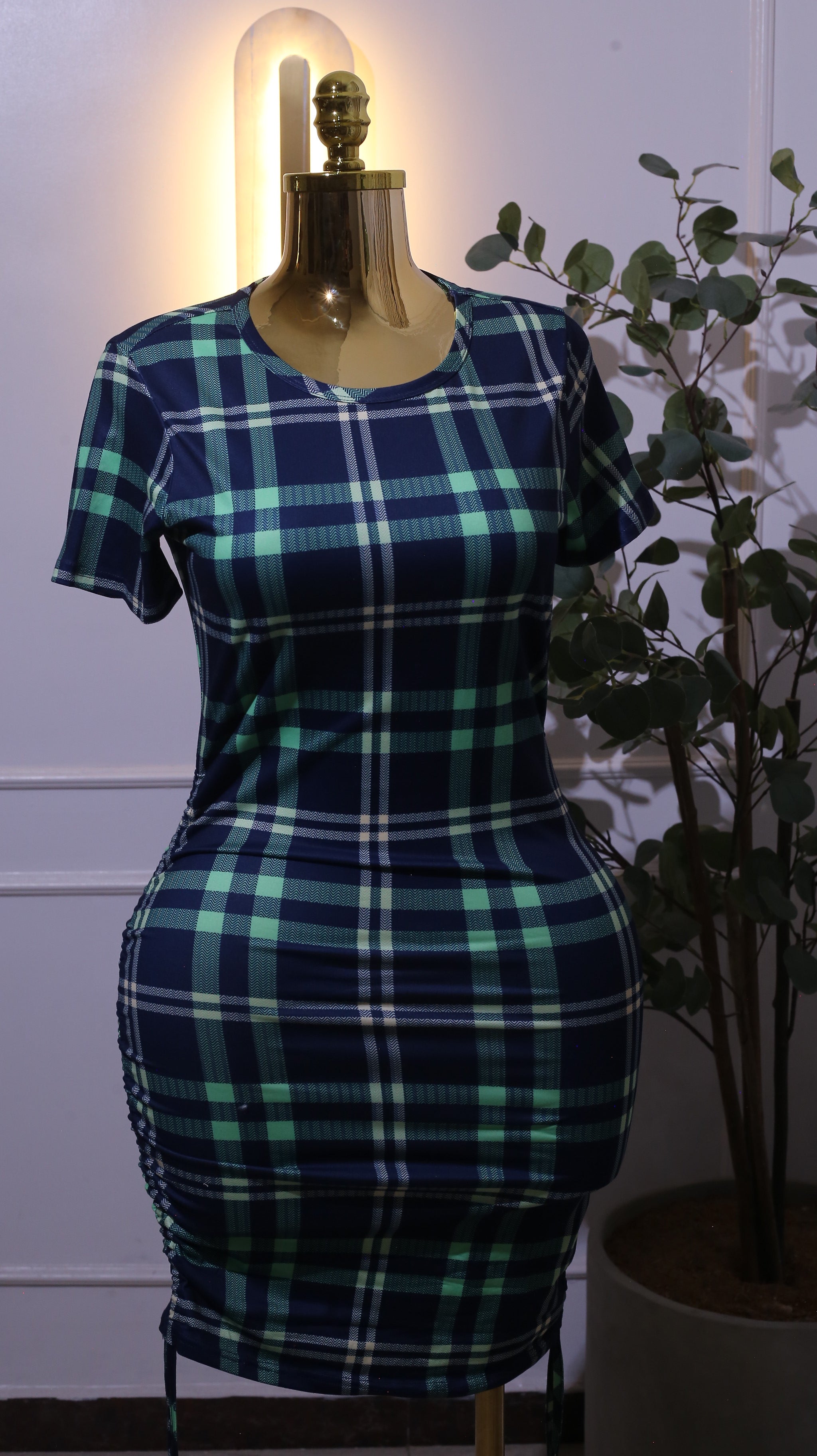 Blue & Green Plaid Ruched Dress