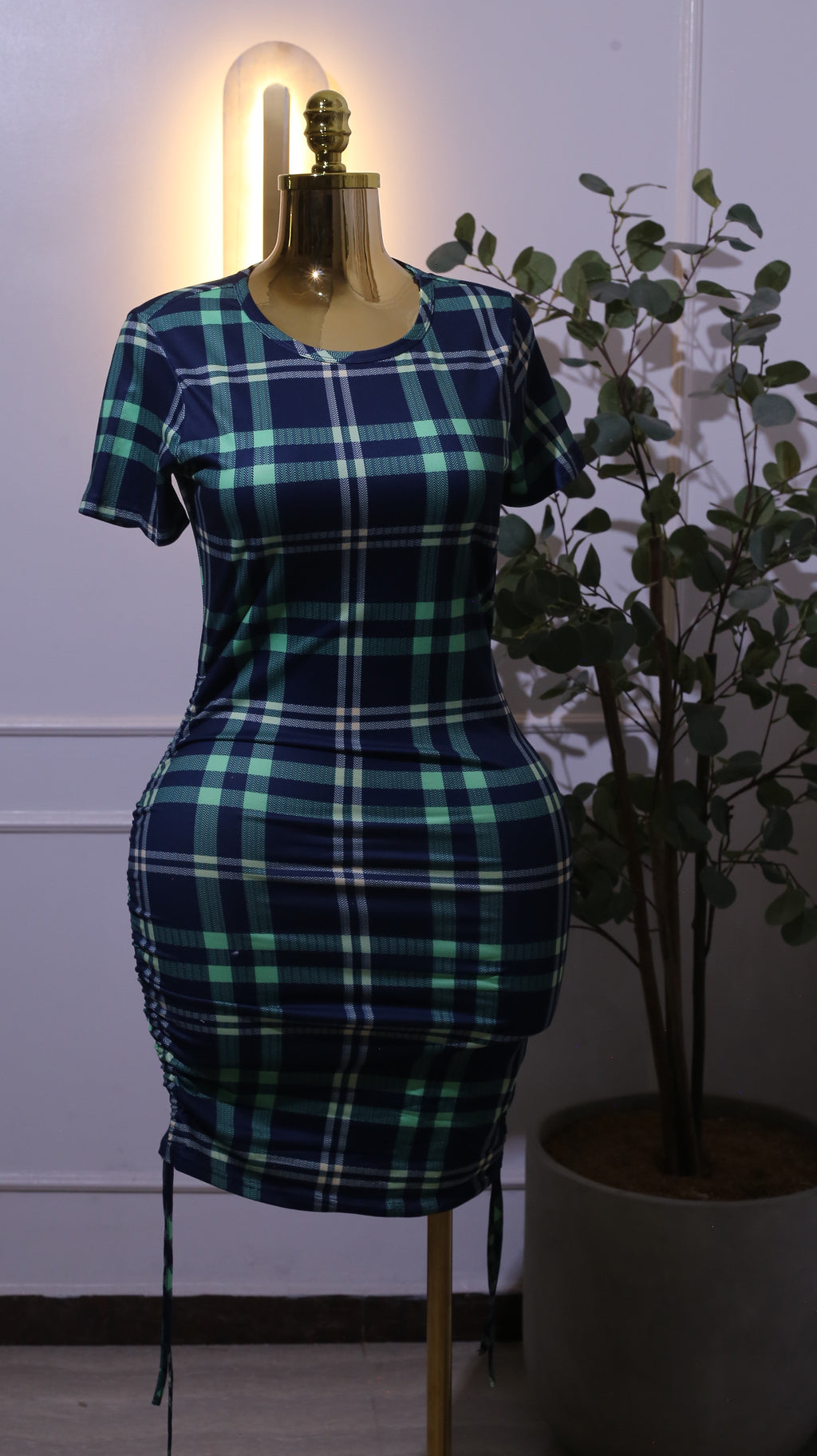 Blue & Green Plaid Ruched Dress