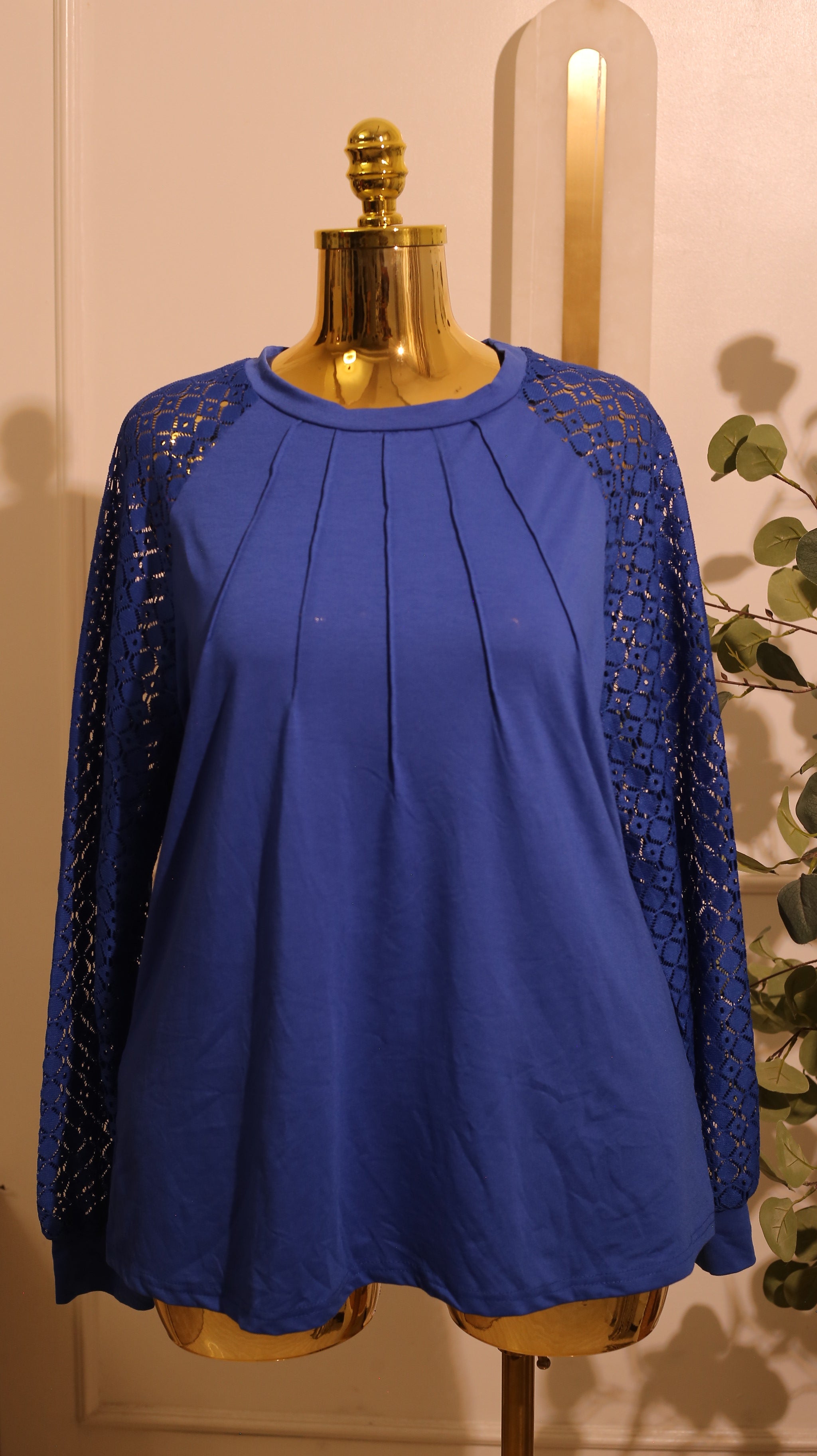 Blue Pleated Long-Sleeve Tunic Top with Lace Sleeves – 2XL