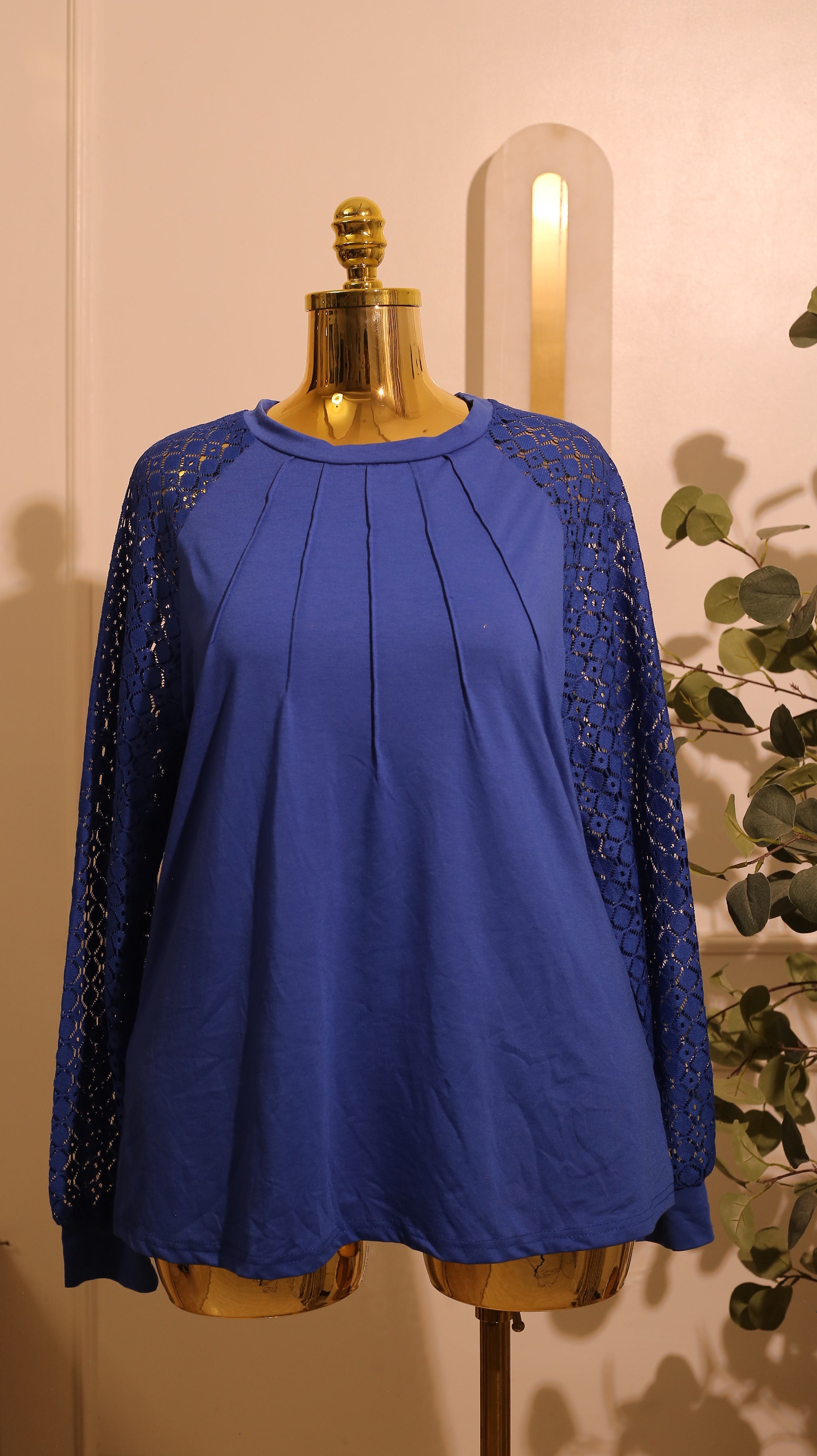 Blue Pleated Long-Sleeve Tunic Top with Lace Sleeves – 2XL