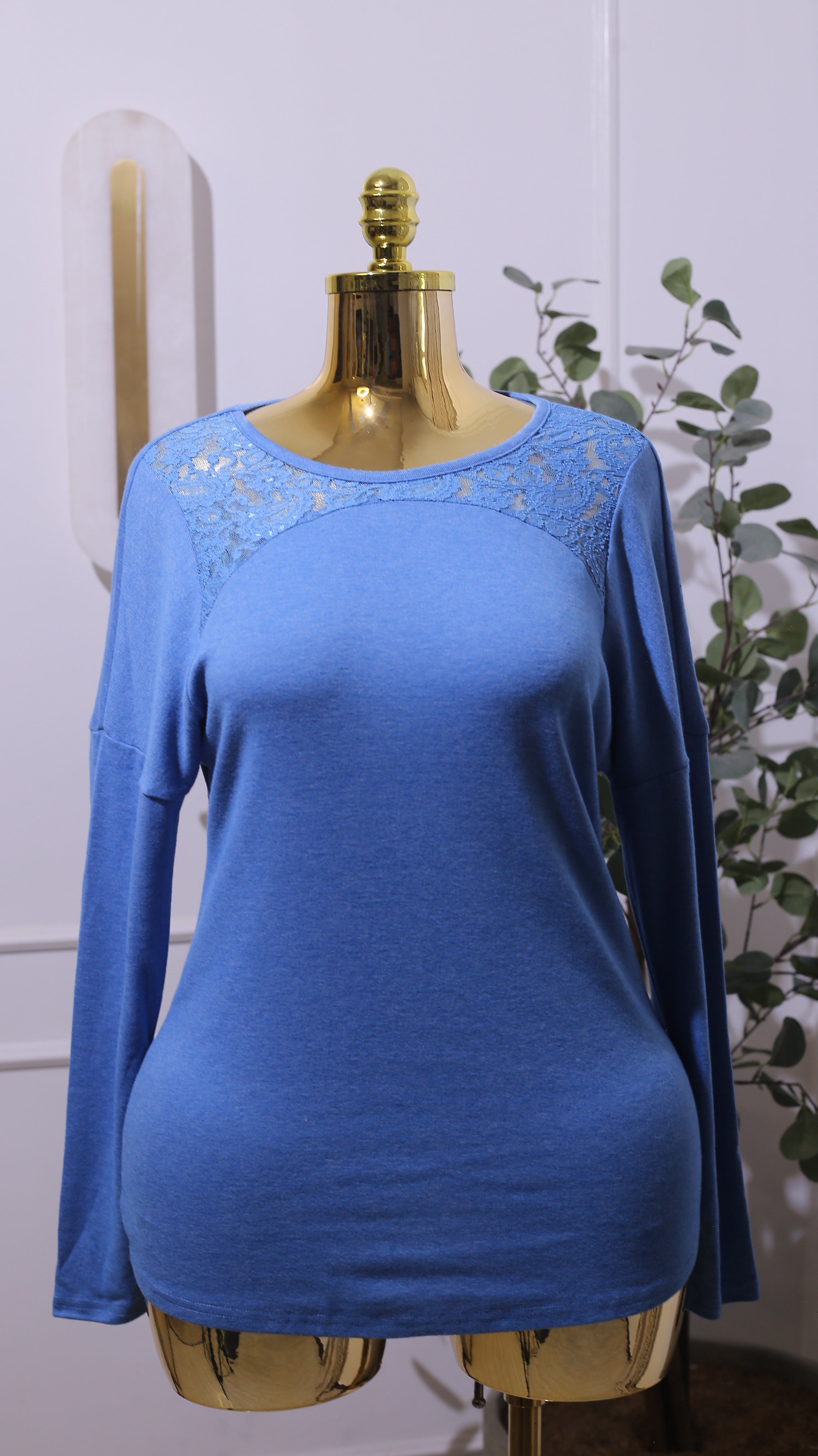 Blue Long-sleeved Top With Lace Detailing On The Shoulders