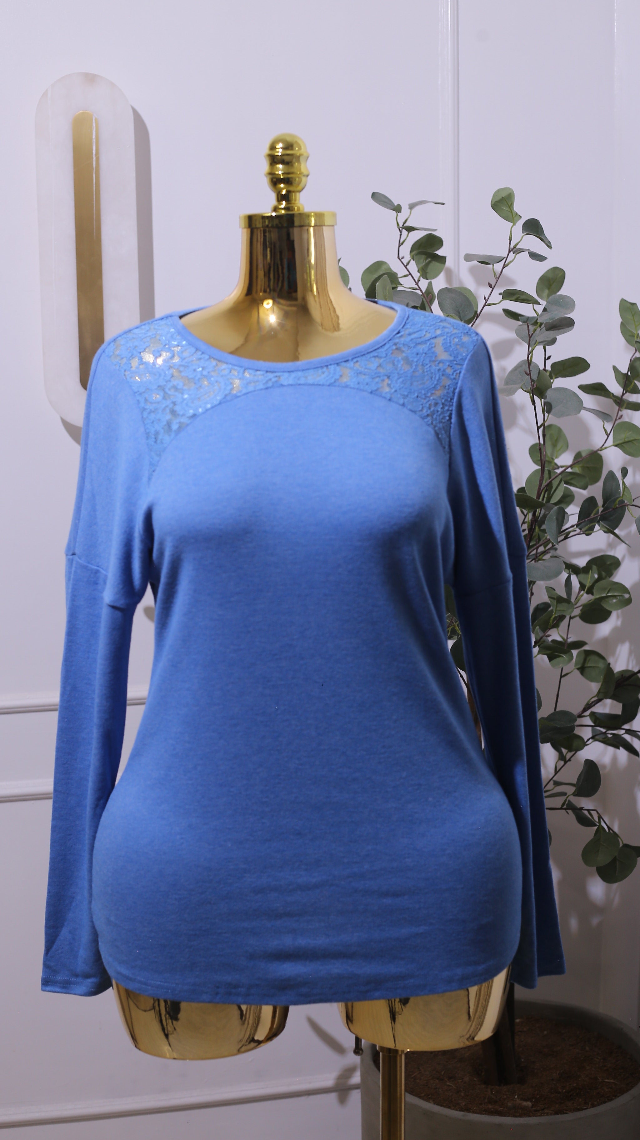 Blue Long-sleeved Top With Lace Detailing On The Shoulders