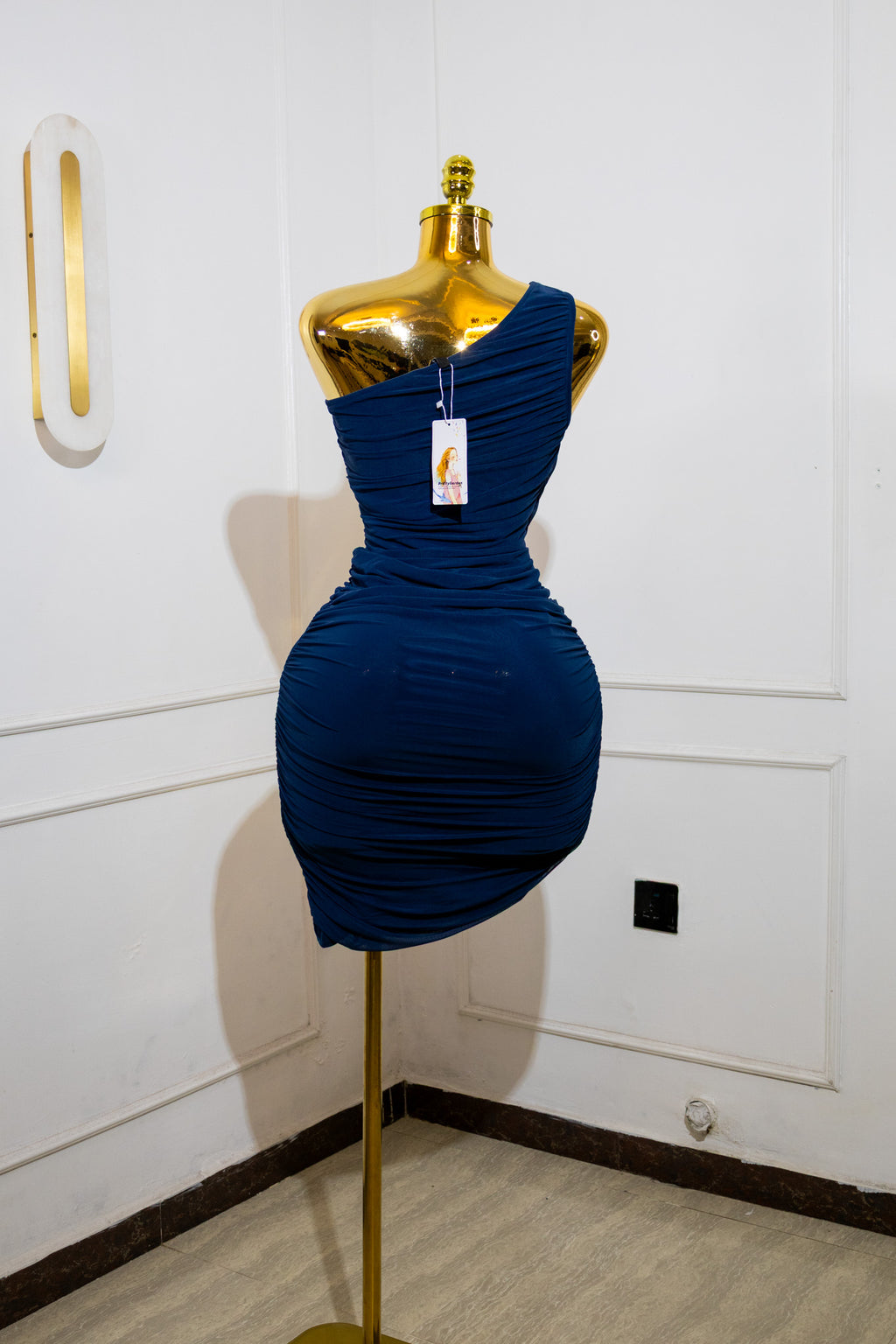Blue One-Shoulder Ruched Dress