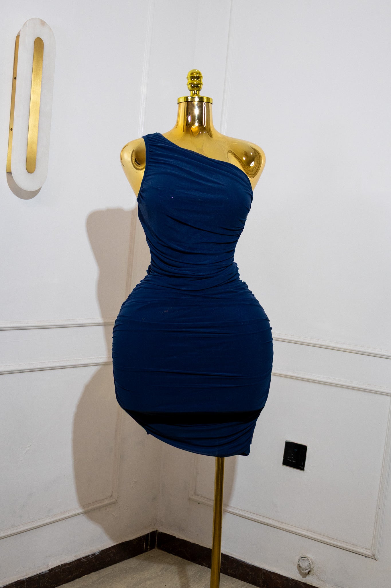Blue One-Shoulder Ruched Dress