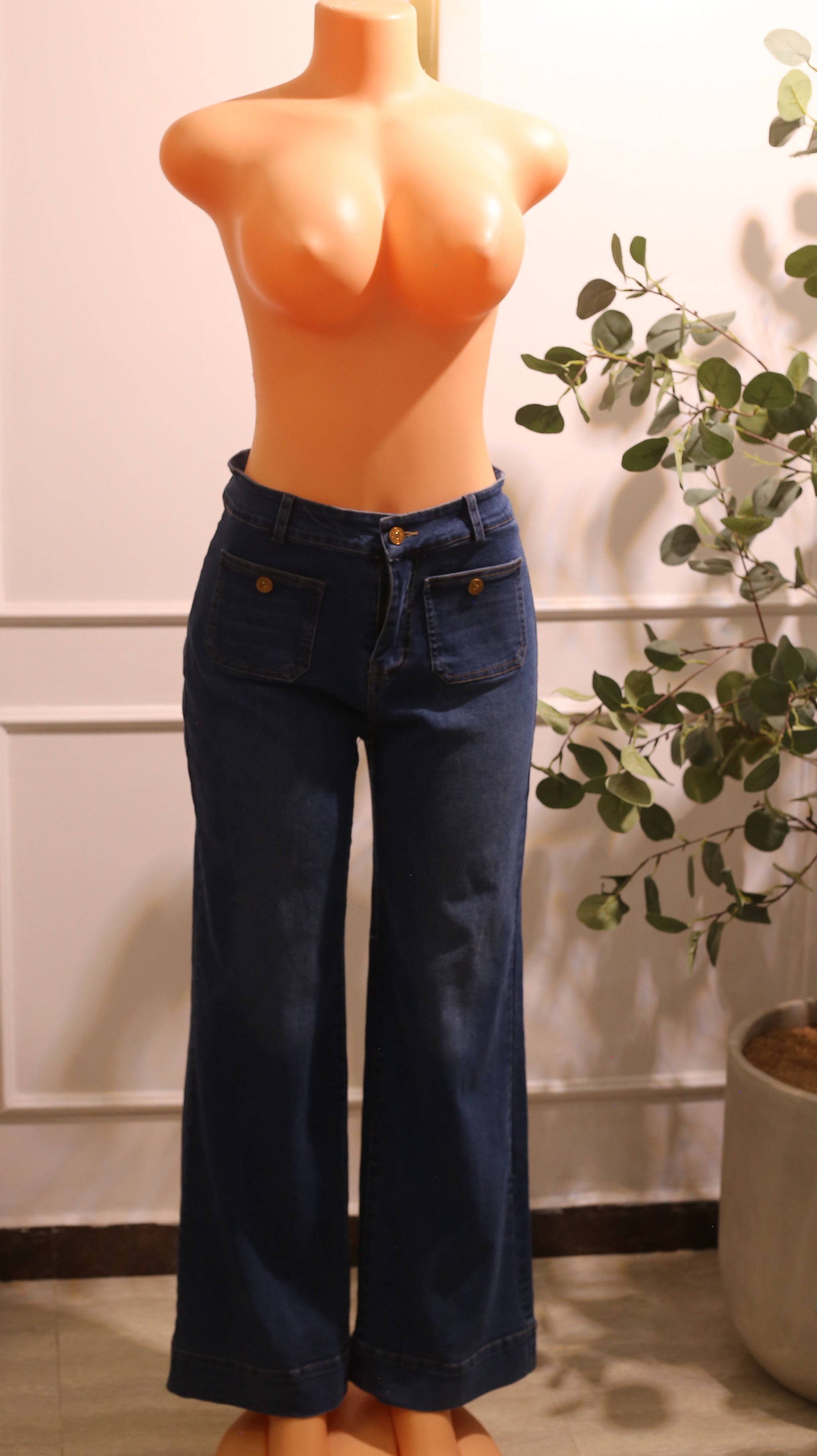 Blue Wide-Leg Jeans with Front Patch Pockets pants