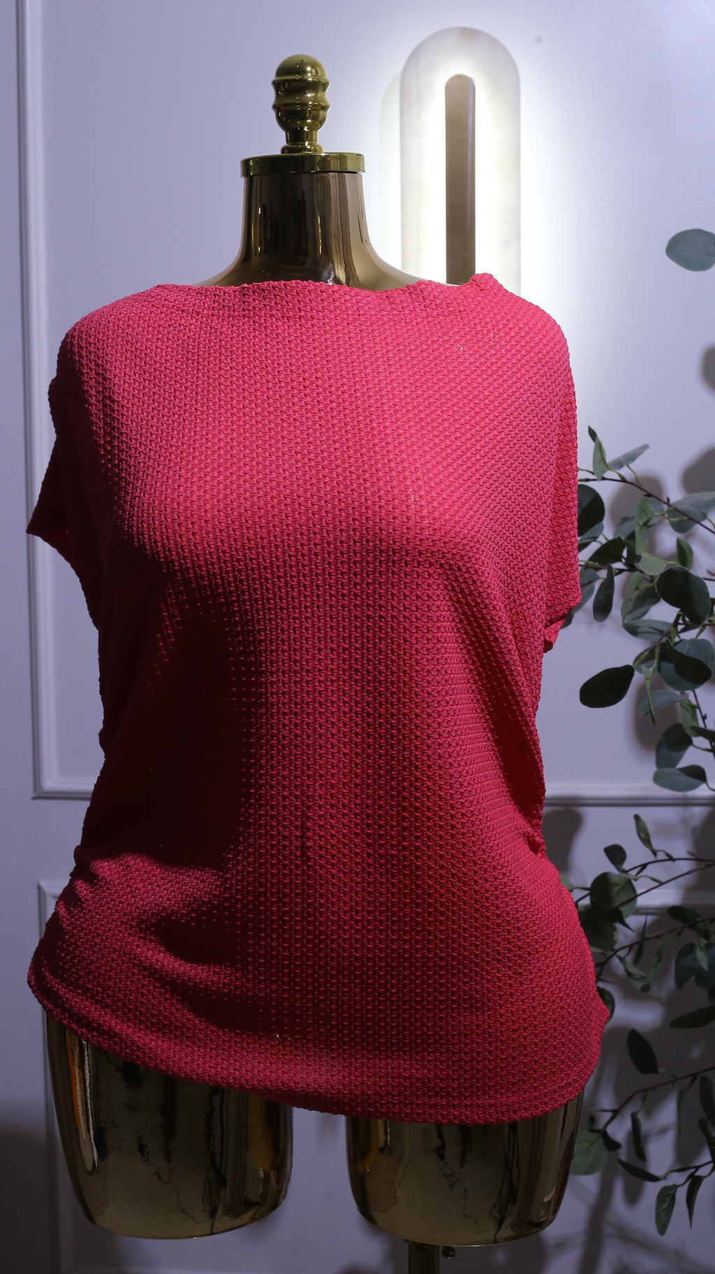 Bright Pink Textured Ruched Side Short-Sleeve Top