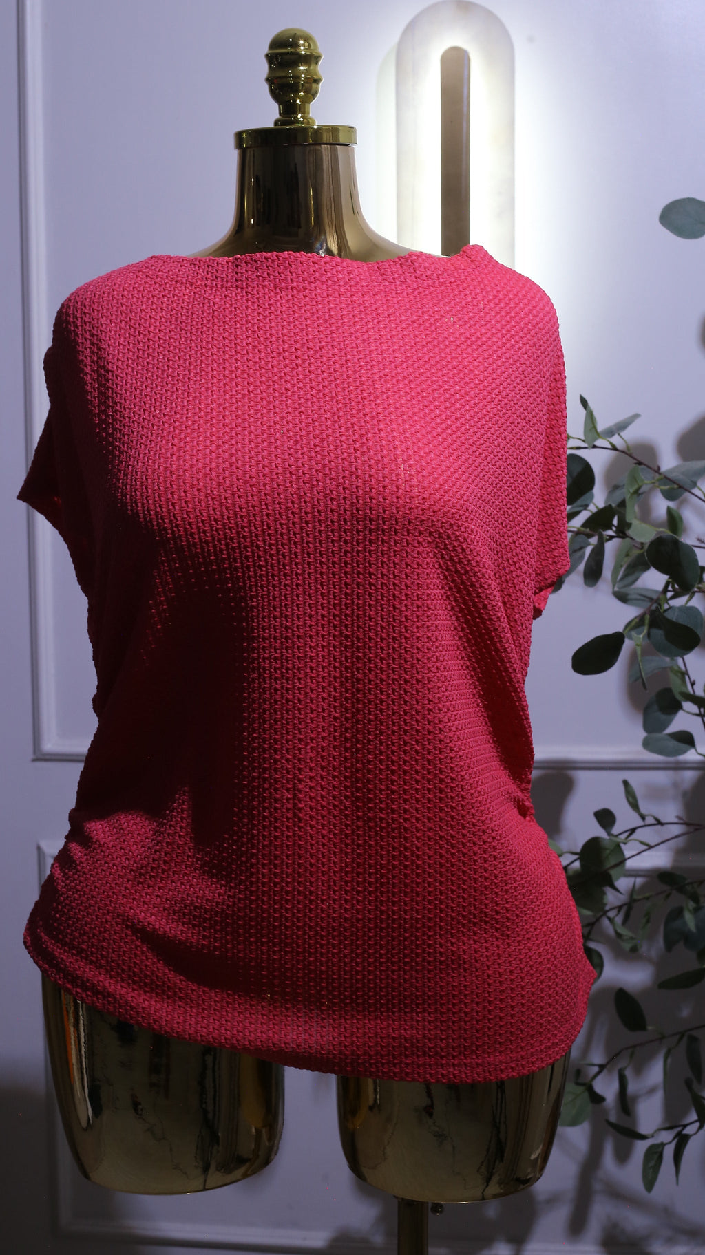 Bright Pink Textured Ruched Side Short-Sleeve Top