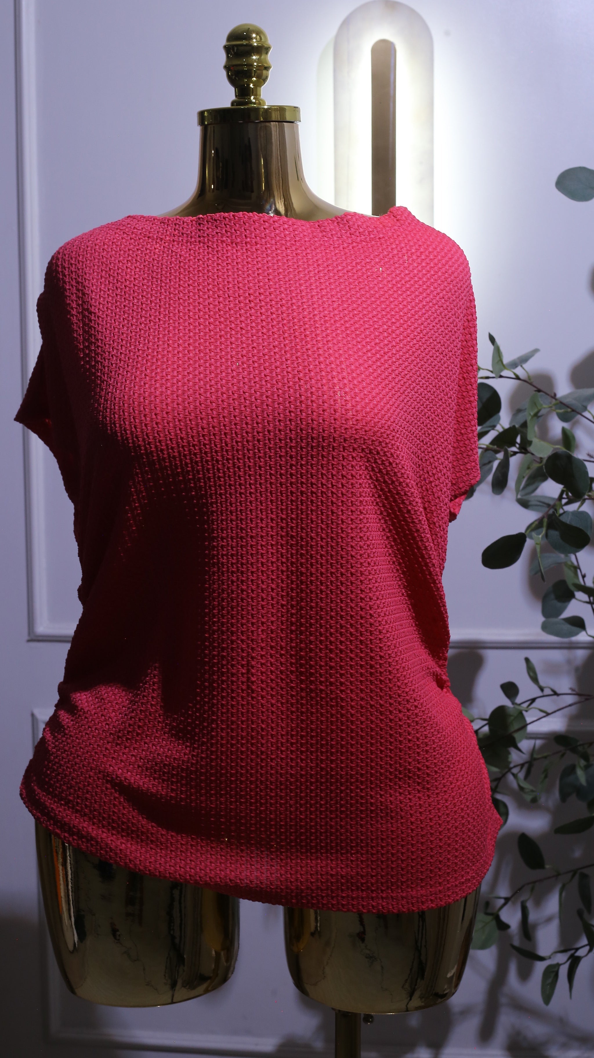 Bright Pink Textured Ruched Side Short-Sleeve Top