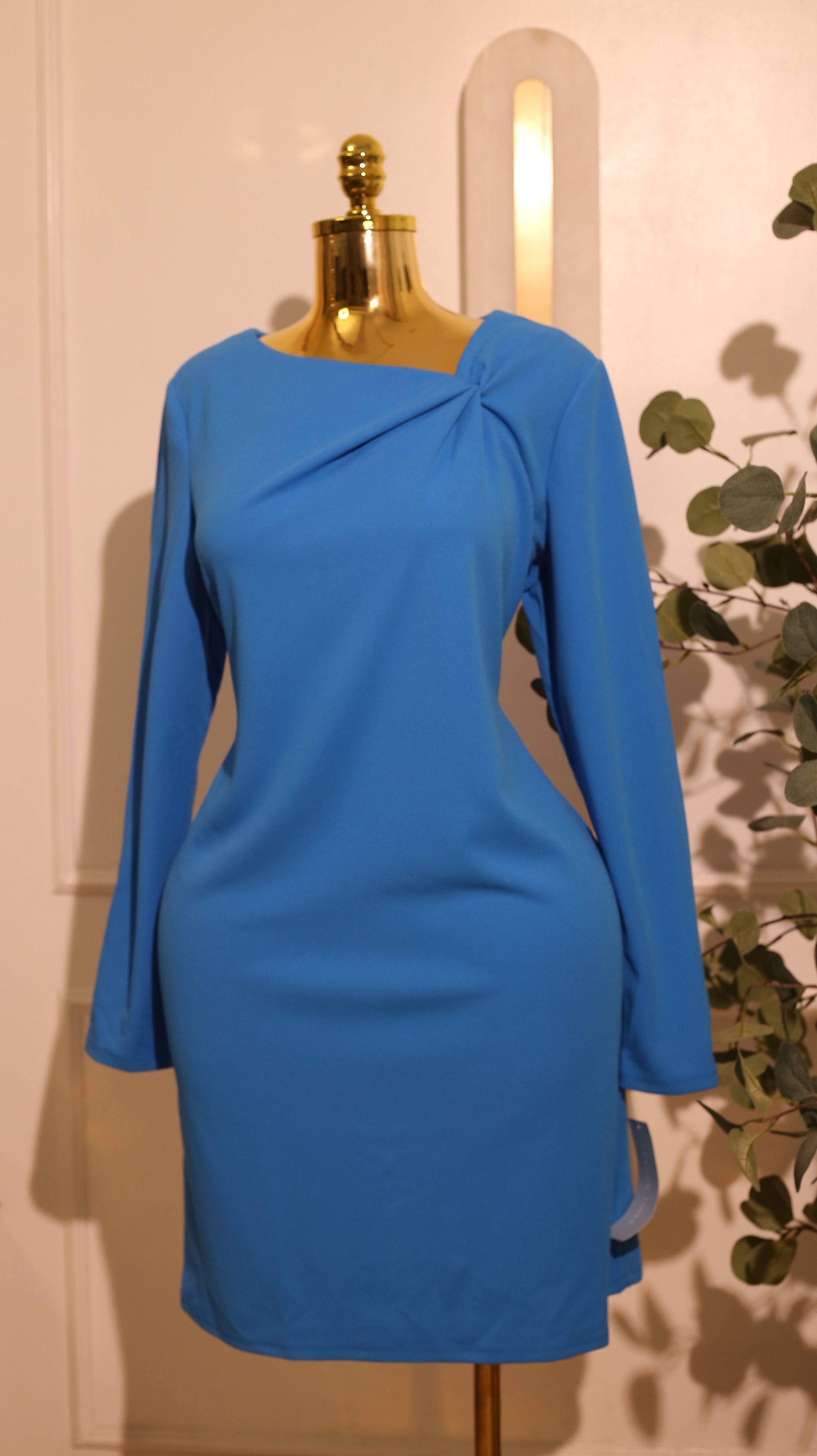 Bright Blue Asymmetric Long-Sleeve Dress